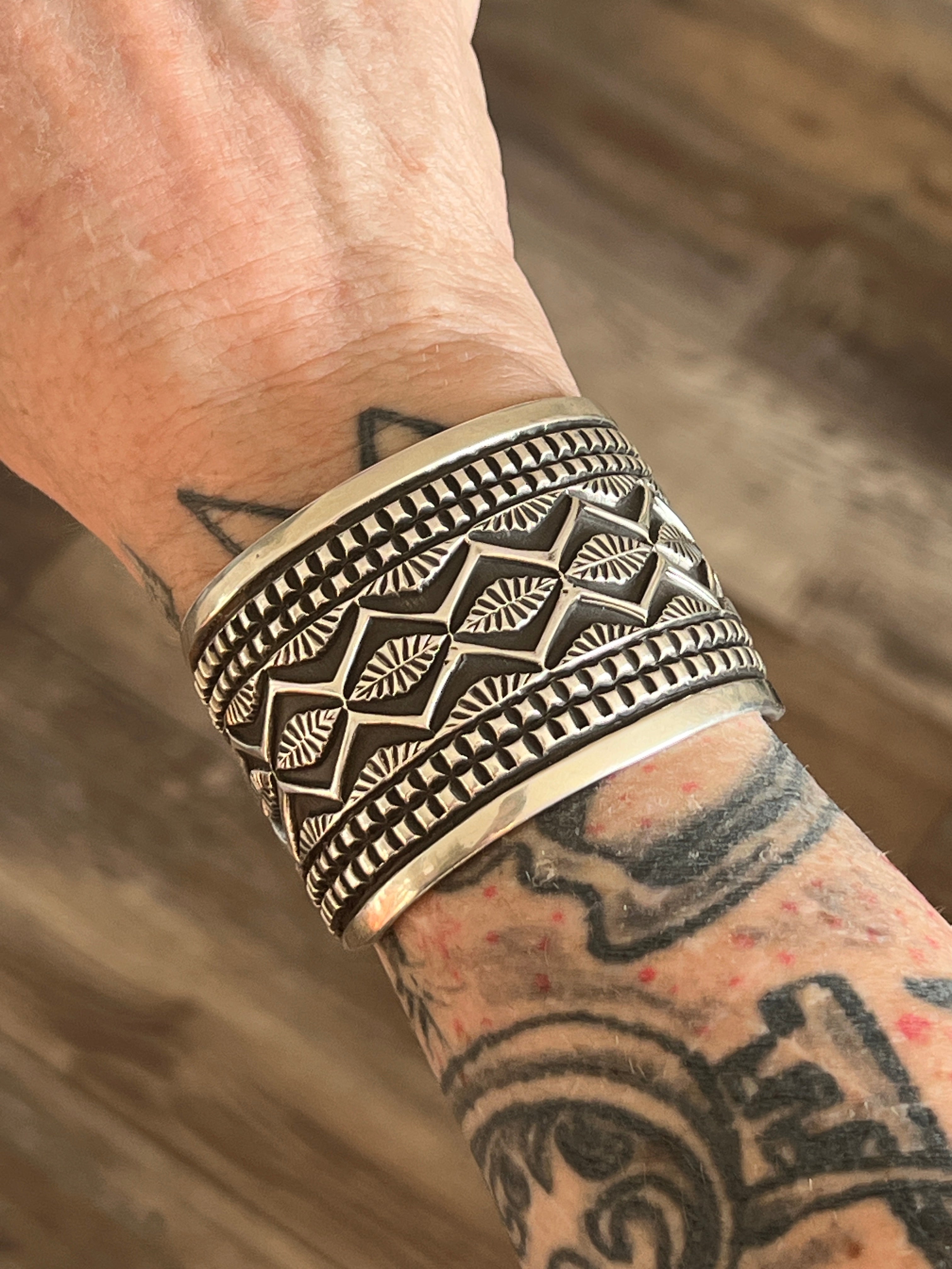 Handcrafted Old Pawn Sterling Silver Deep Stamped Cuff Bracelet by Elvira Bill