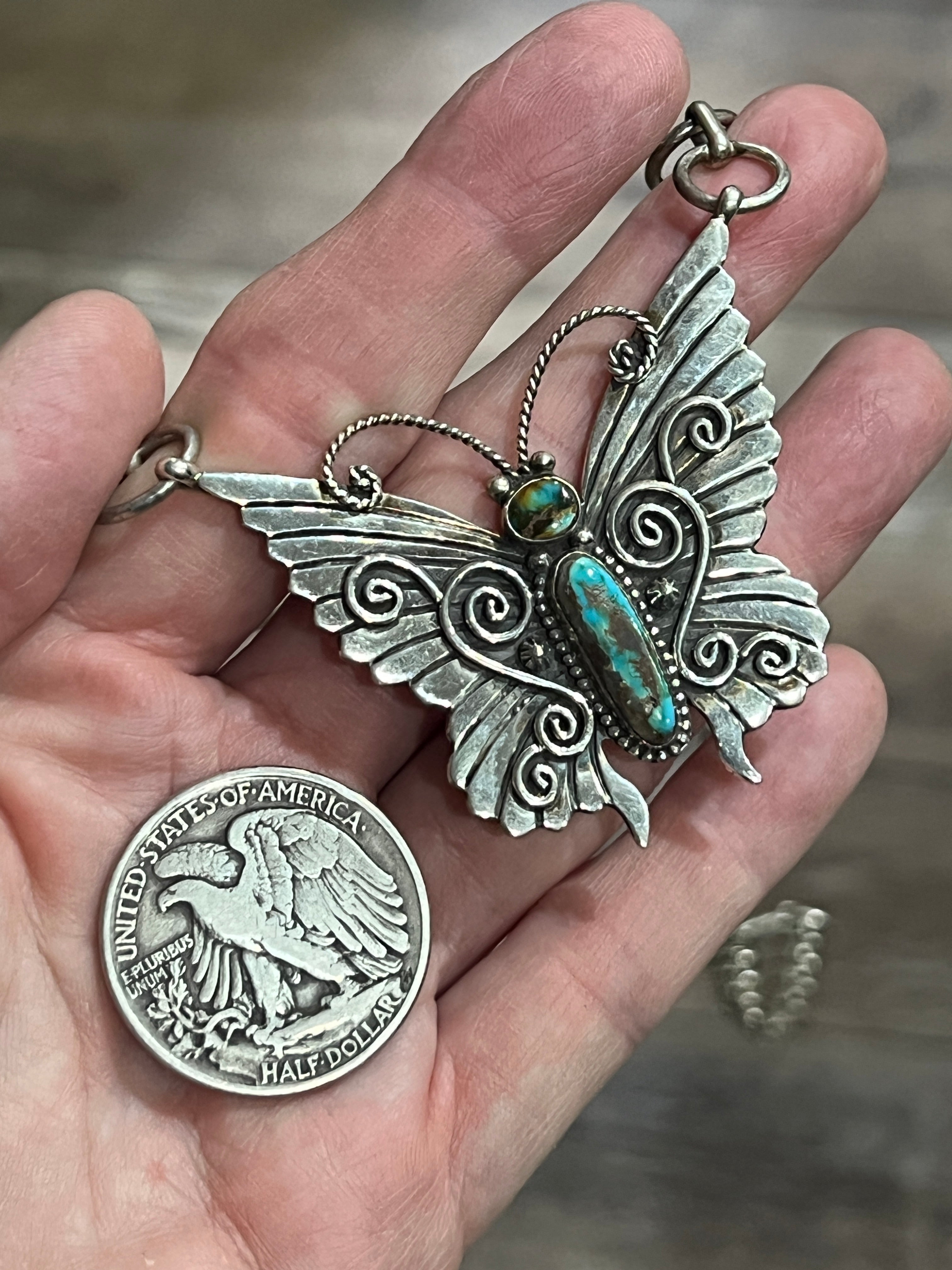 Lee Charley Handcrafted Sterling Silver and Turquoise Butterfly Lover’s Link Necklace, Belt or Hat Adornment