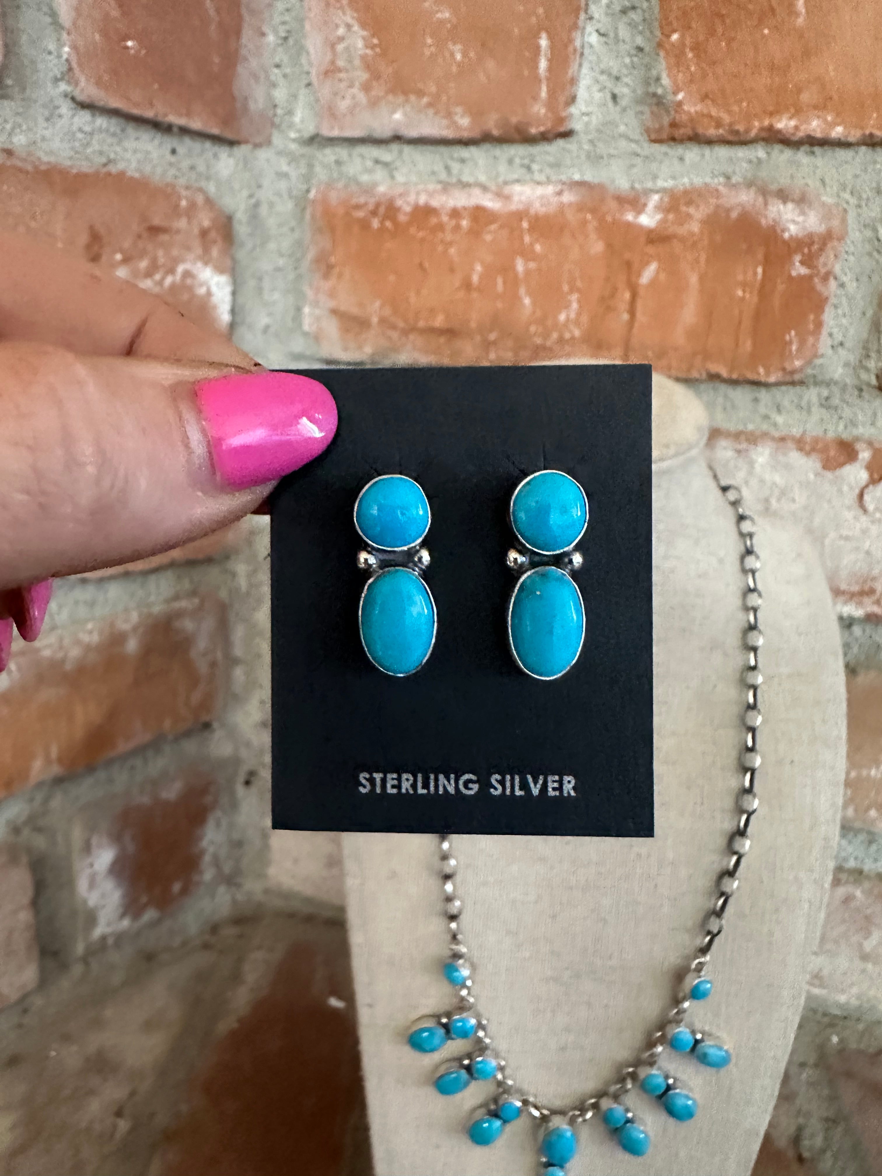 Navajo Sterling Silver & Turquoise Necklace & Earring Set Signed