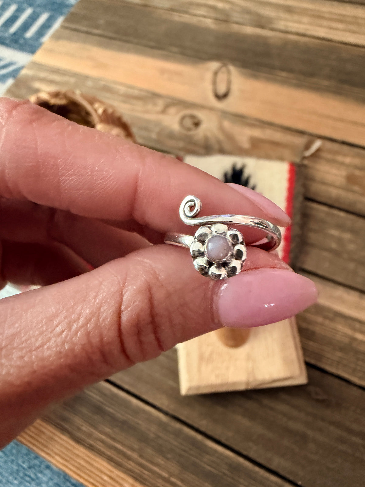 Handmade Sterling Silver & Pink Opal Flower Adjustable Ring