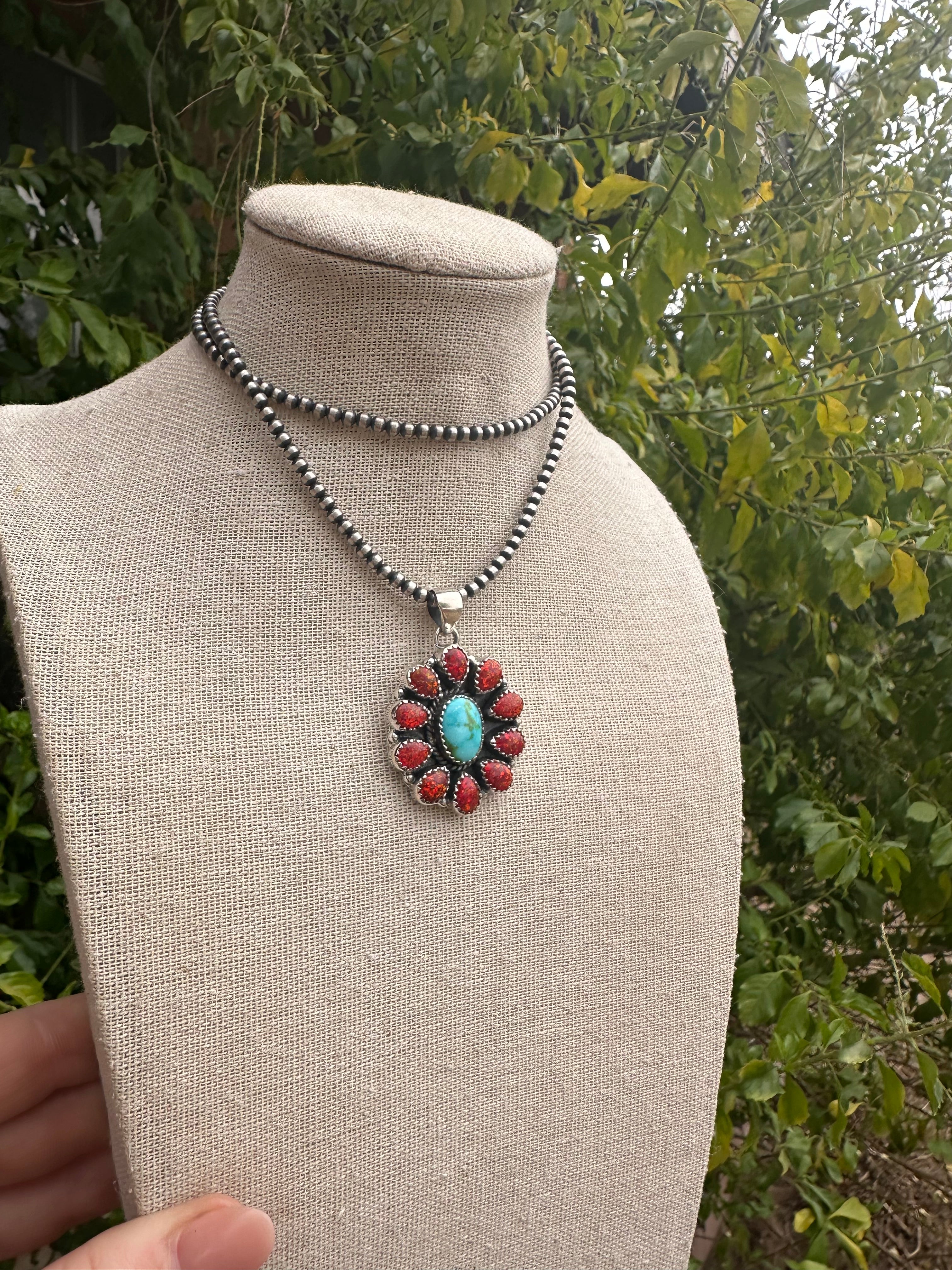 Handmade Sonoran Gold Turquoise, Red Fire Opal & Sterling Silver Pendant Signed Nizhoni