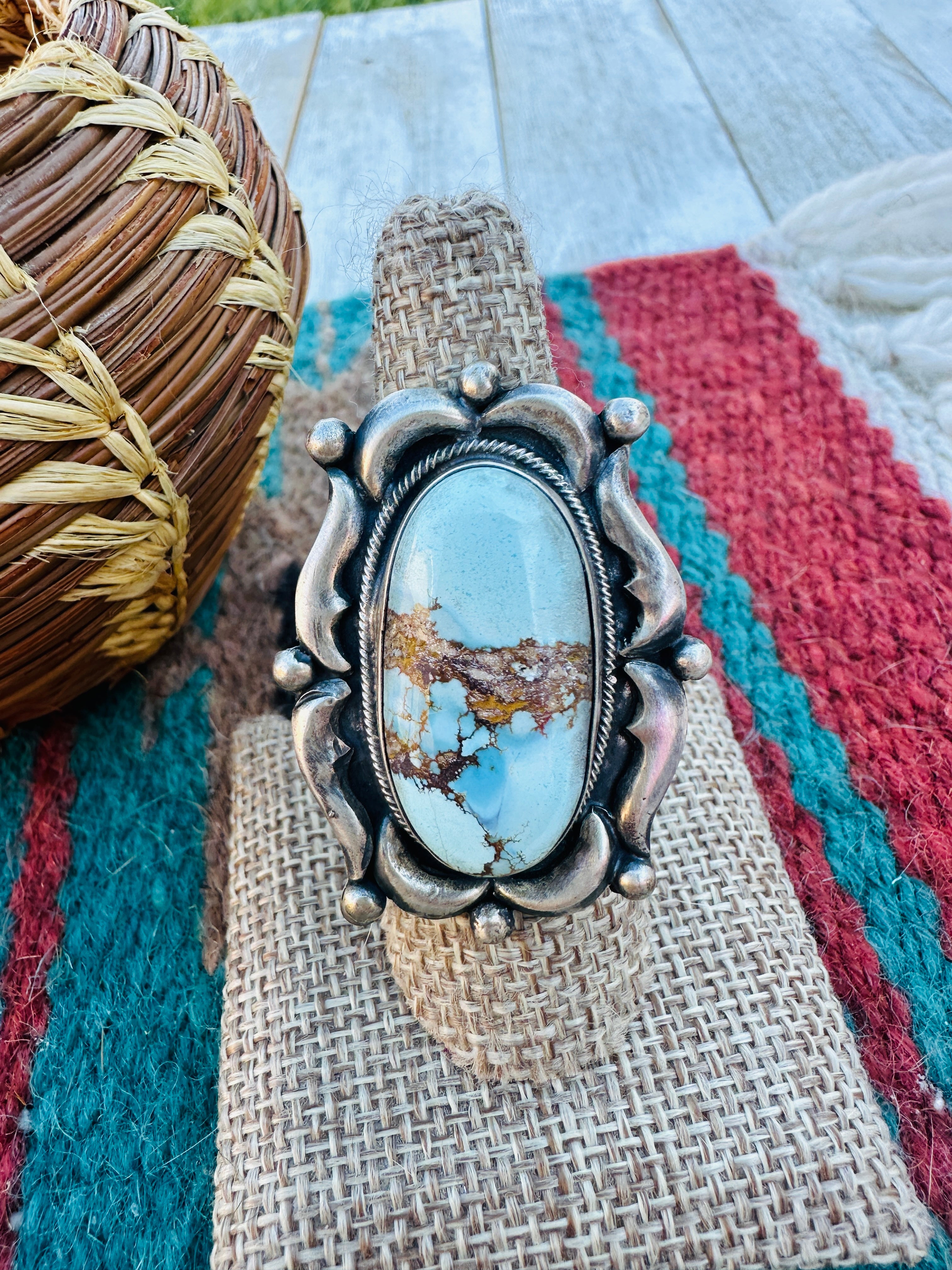 Handcrafted Golden Hills Turquoise & Sterling Silver Ring Size 7.5 by Bobby Johnson