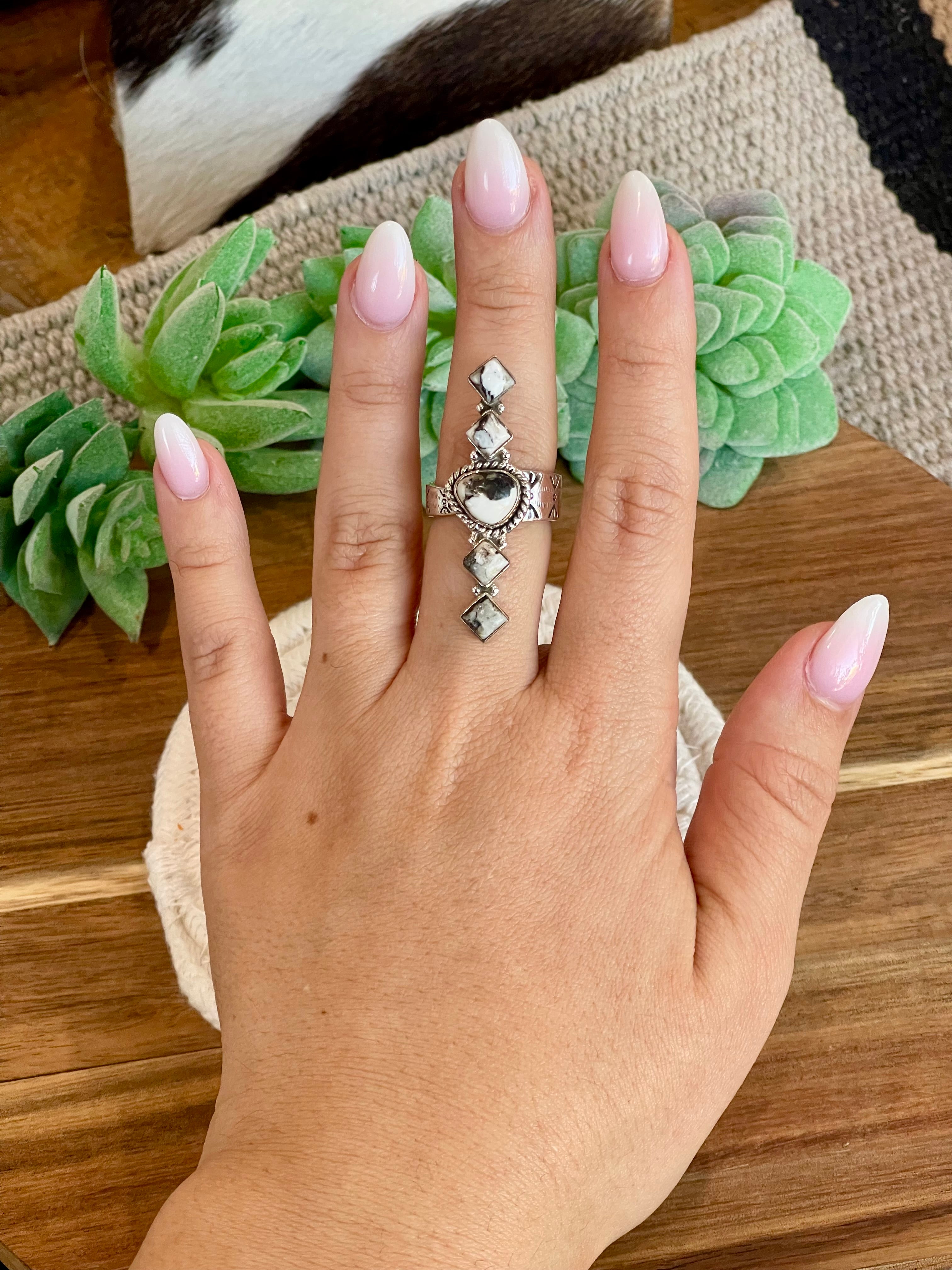 Beautiful Handmade White Buffalo And Sterling Silver Adjustable Ring