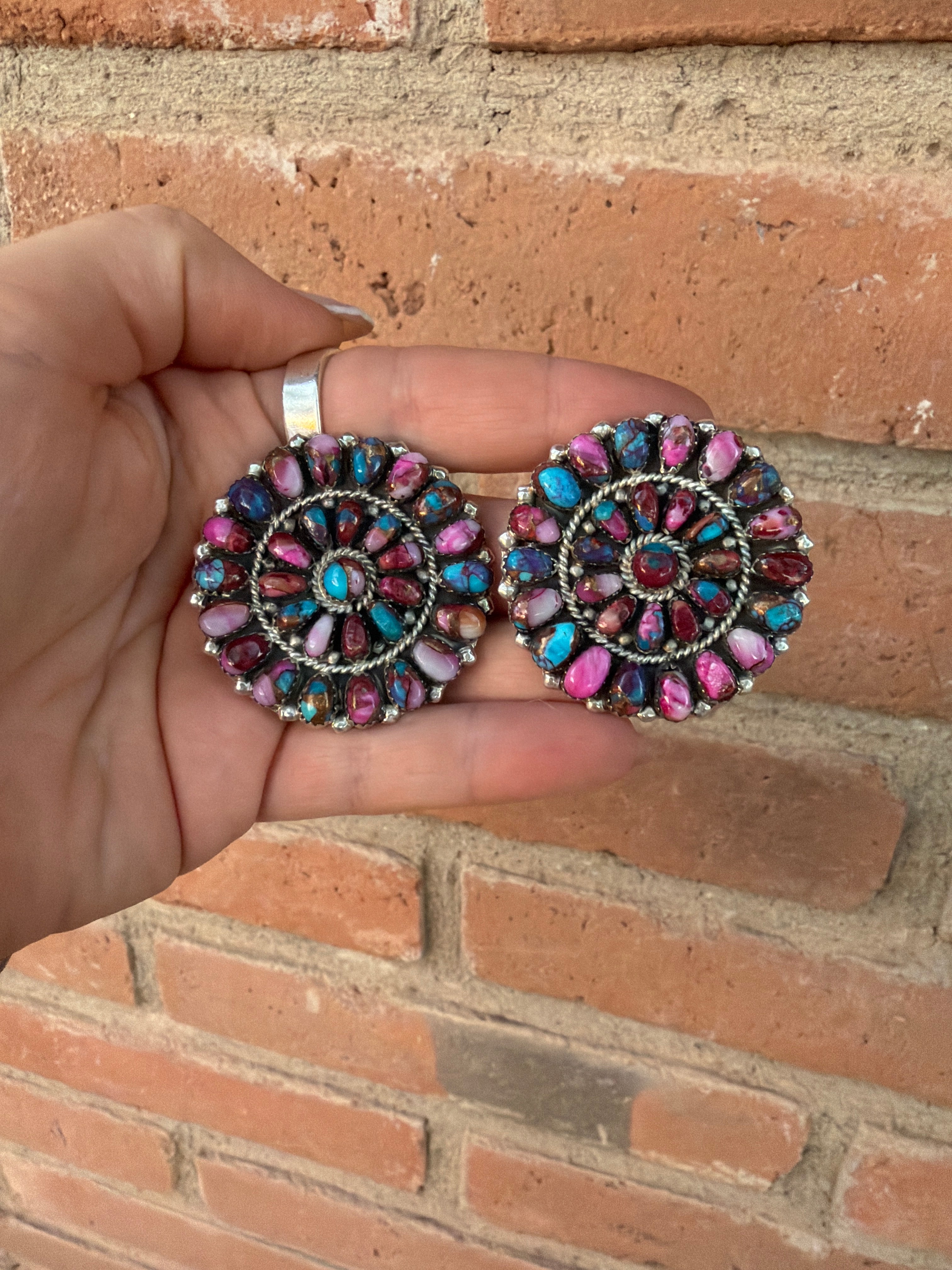Handcrafted Pink Dream Mojave & Sterling Silver Cluster Post Earrings Signed