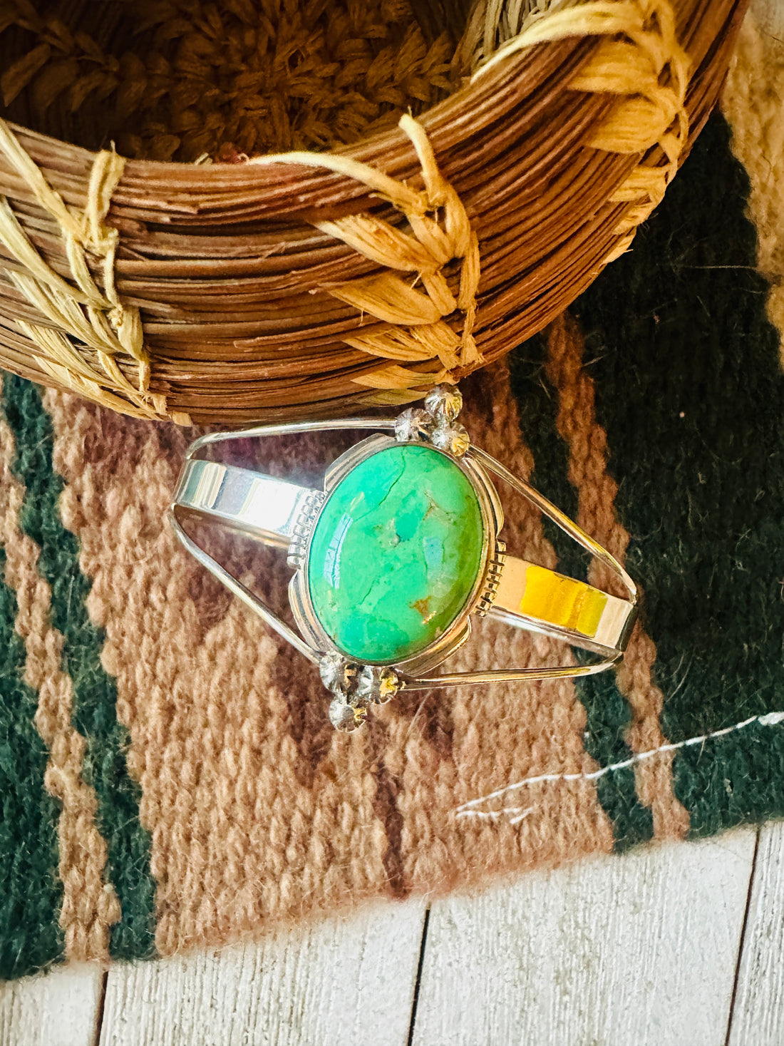 Handcrafted Green Kingman Turquoise & Sterling Silver Cuff Bracelet