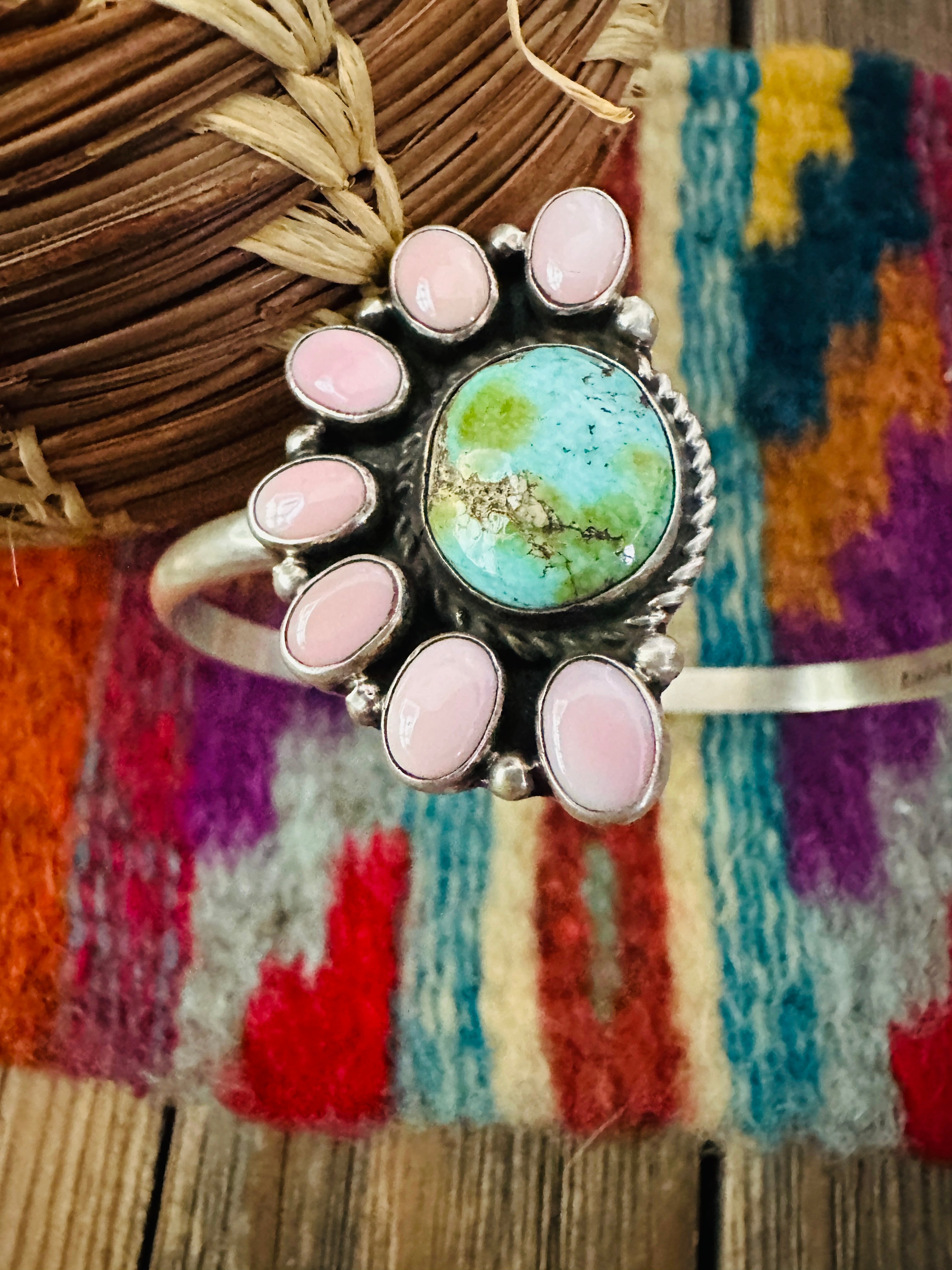 Handcrafted Queen Pink Conch, Turquoise & Sterling Silver Floating Cuff Bracelet by Geraldine James
