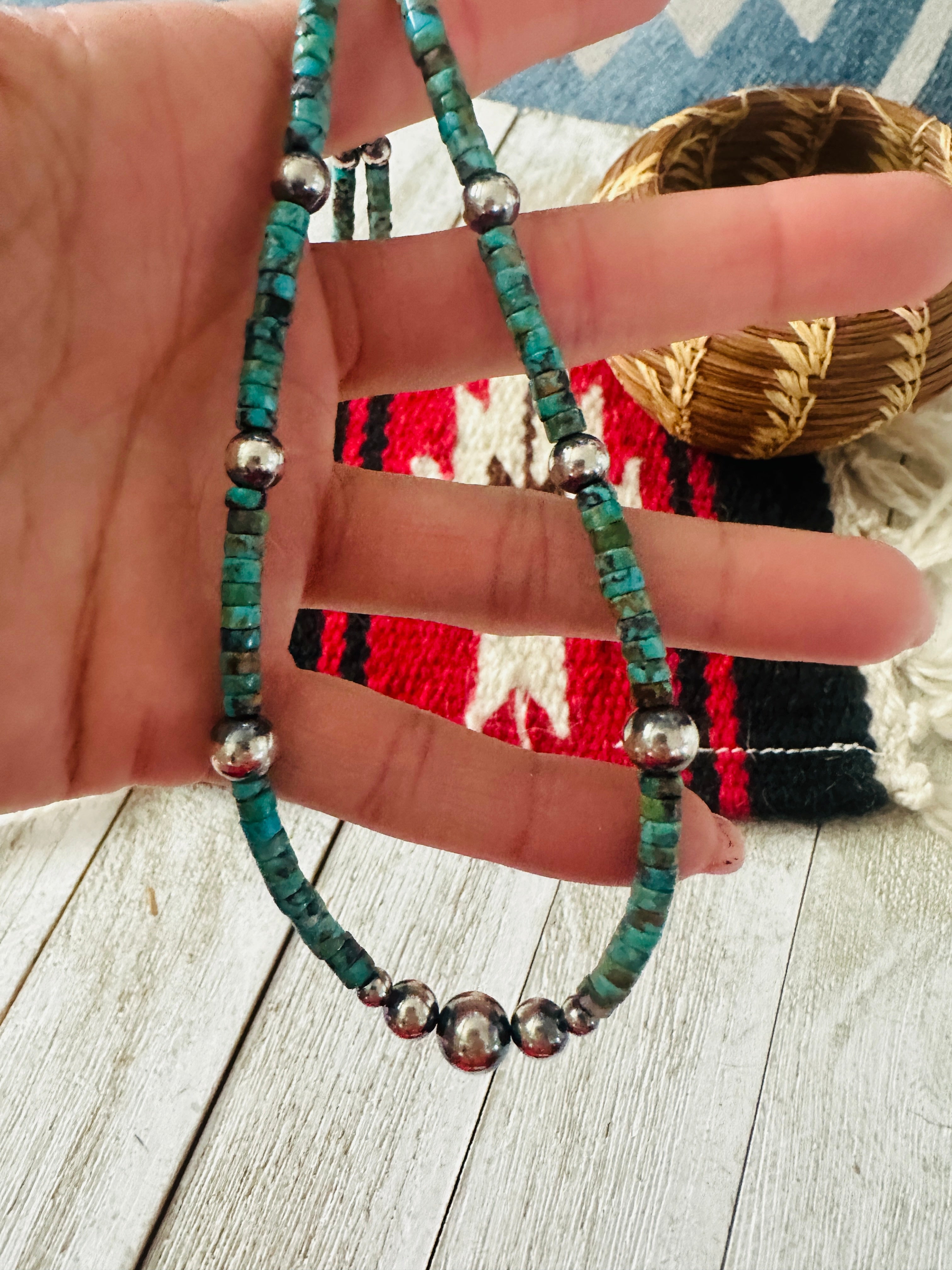 Navajo Turquoise & Sterling Silver 18” Beaded Necklace