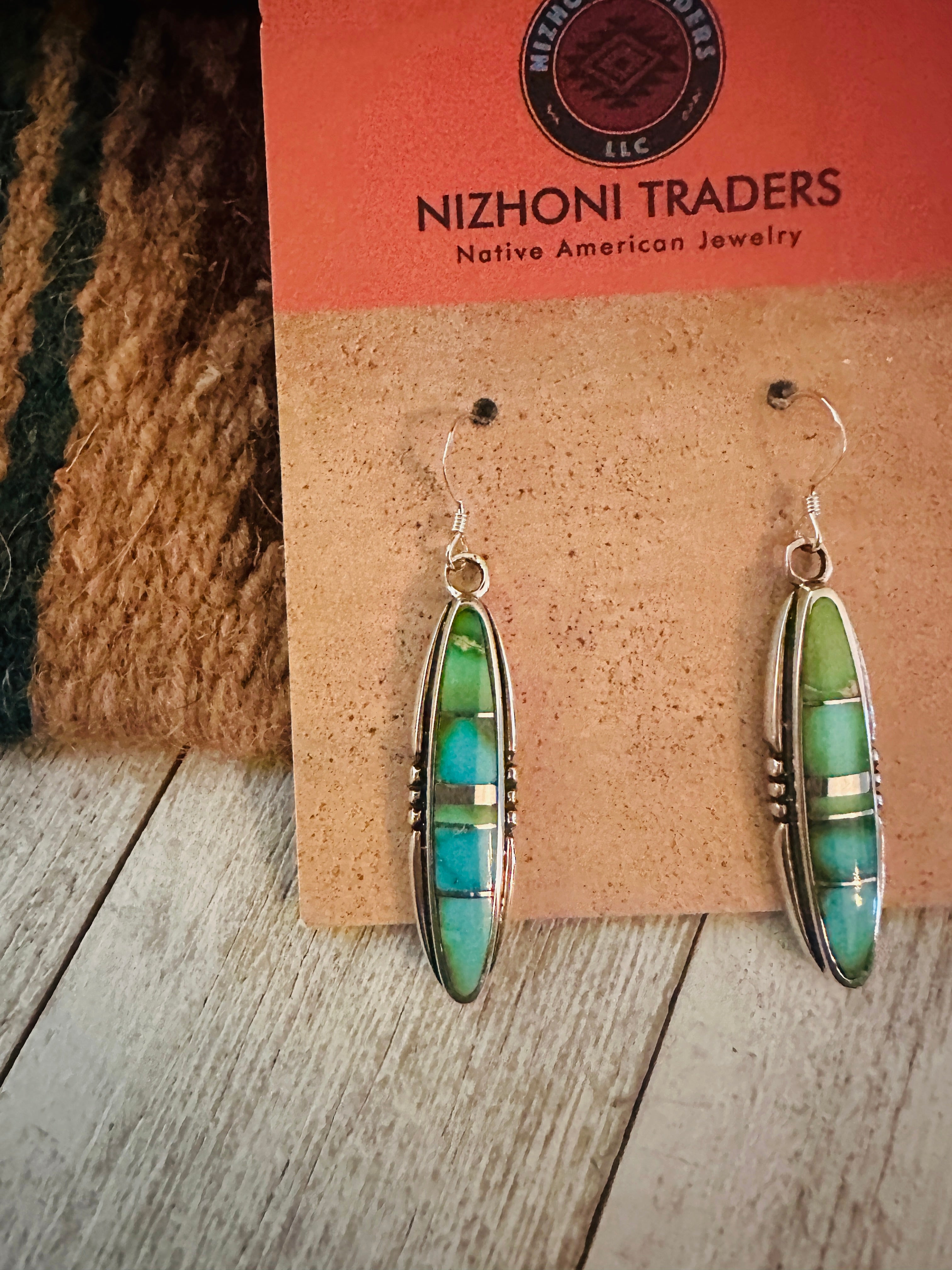 Navajo Sonoran Gold Turquoise And Sterling Silver Inlay Dangle Earrings