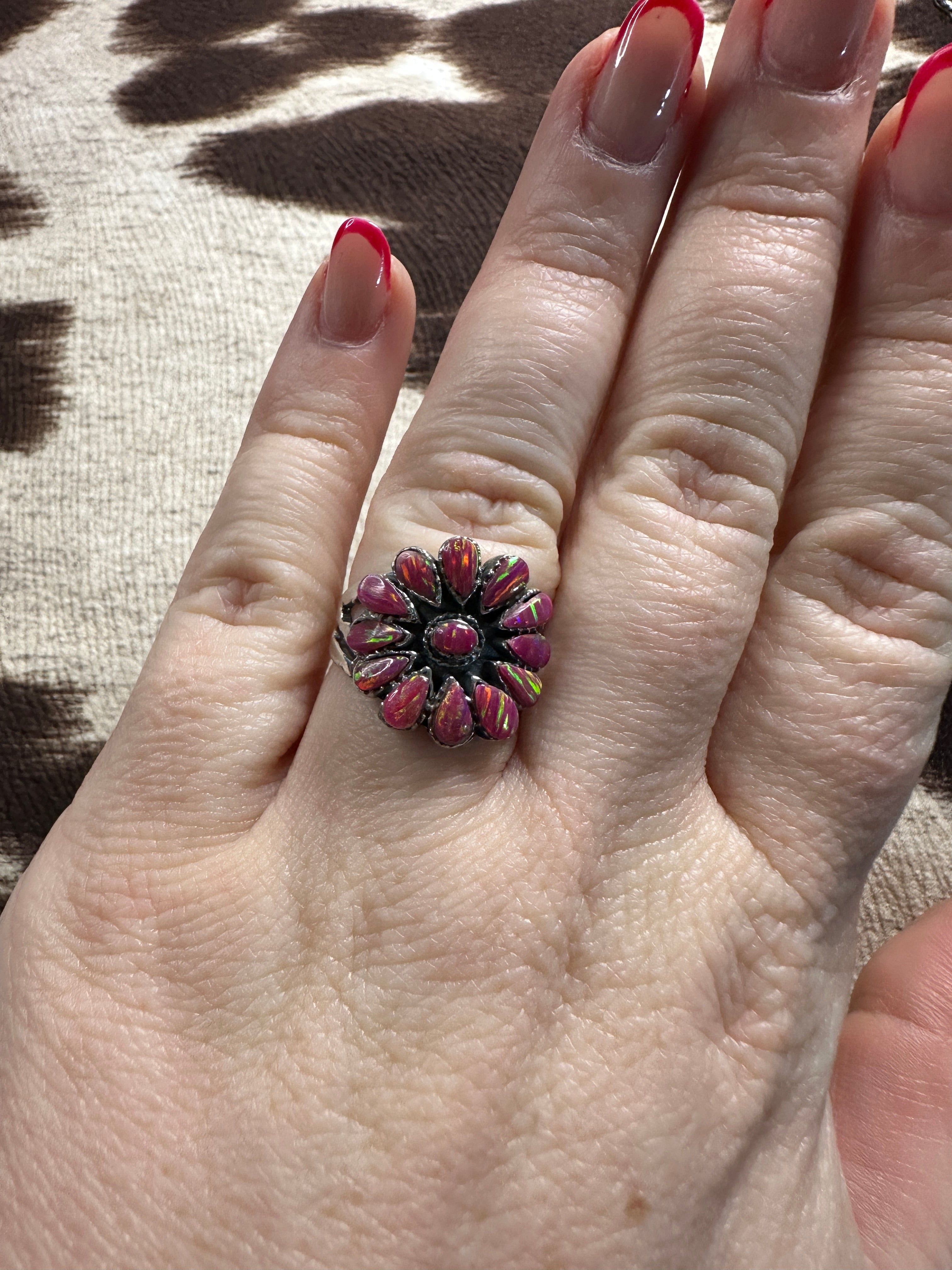 Handmade Sterling Silver & Hot Pink Opal Adjustable Ring