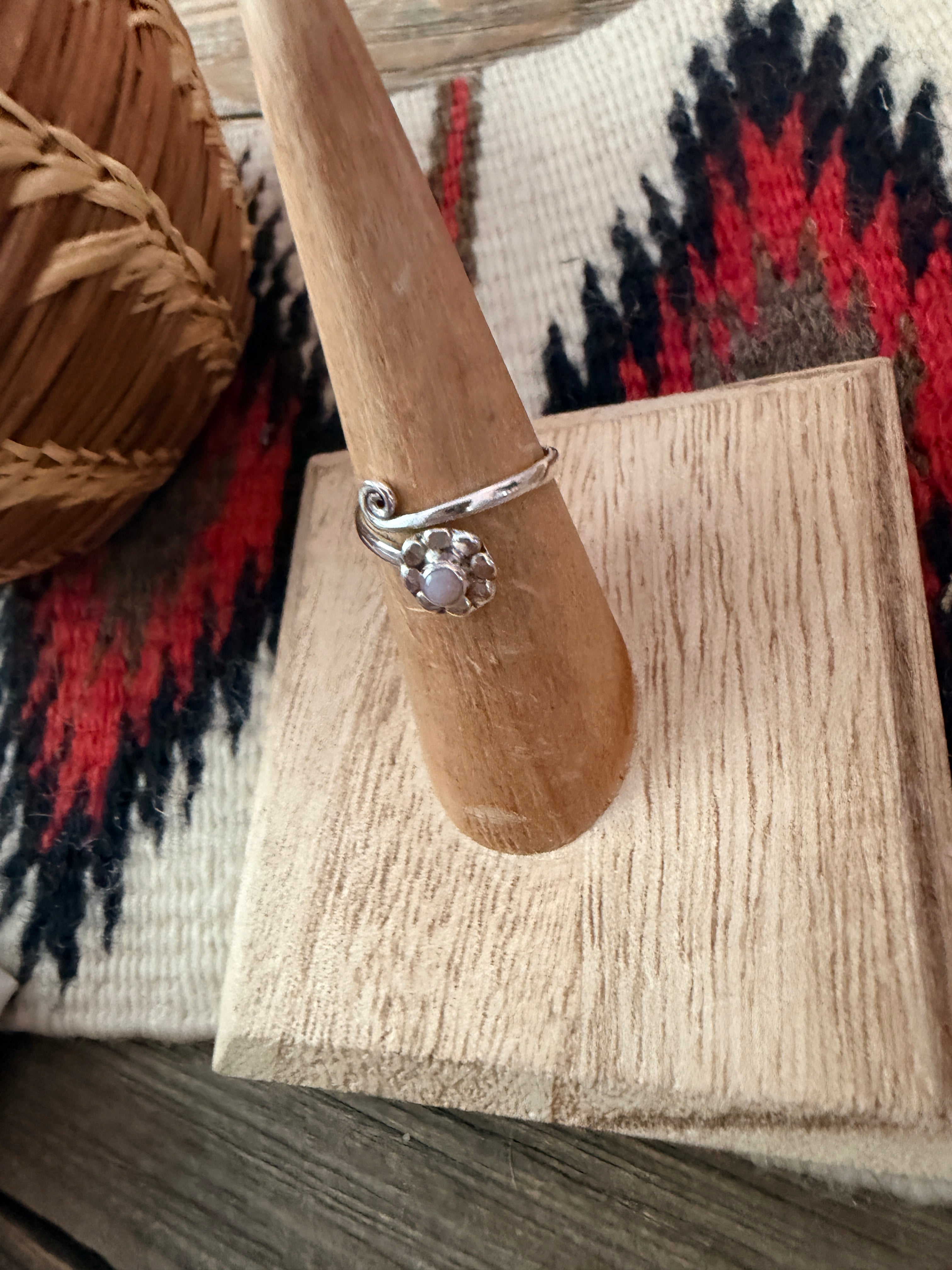 Handmade Sterling Silver & Pink Opal Flower Adjustable Ring