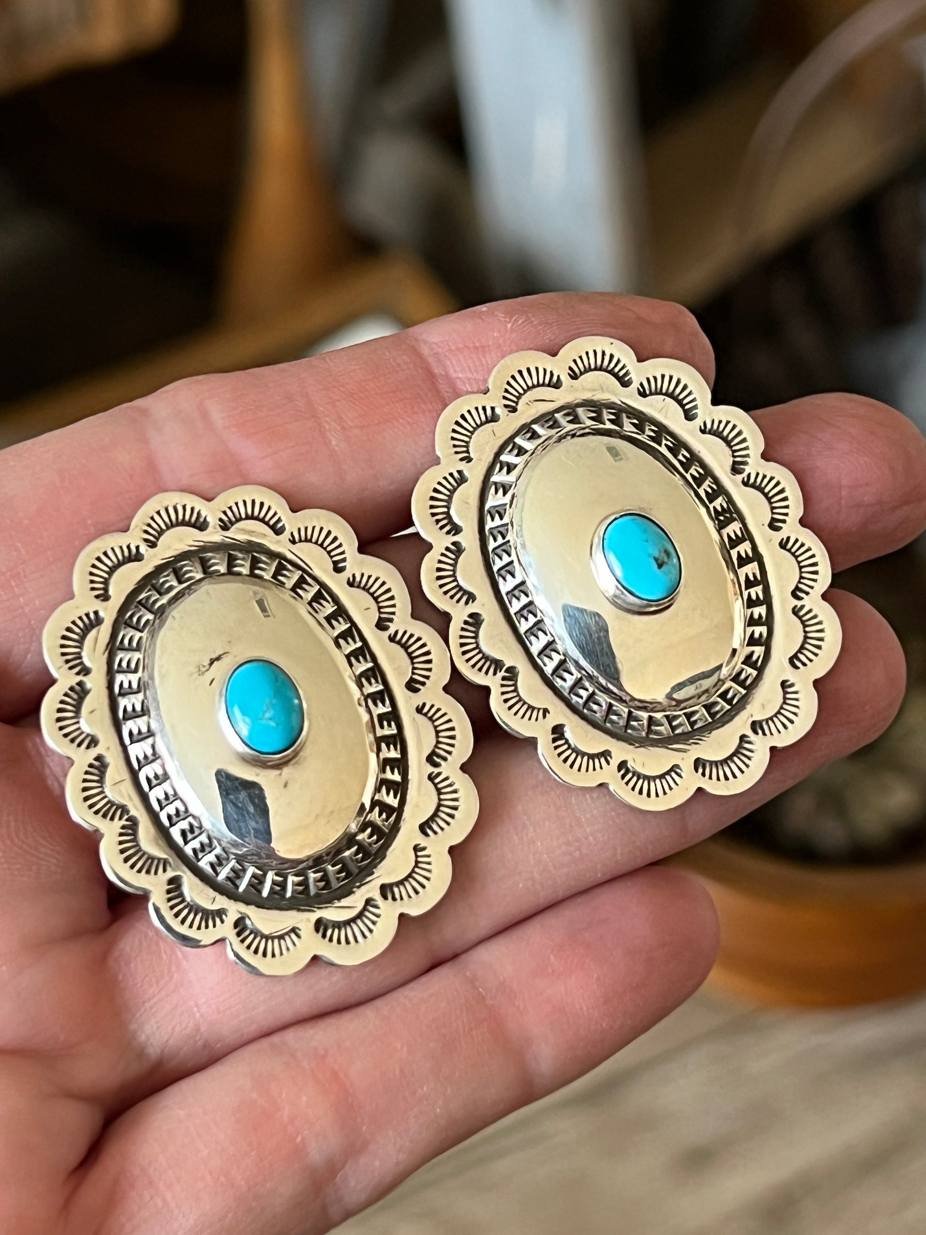 Handcrafted Bohemian Bliss Sterling Silver and Turquoise Concho Post Earrings by Annabelle (Kee) Lantana