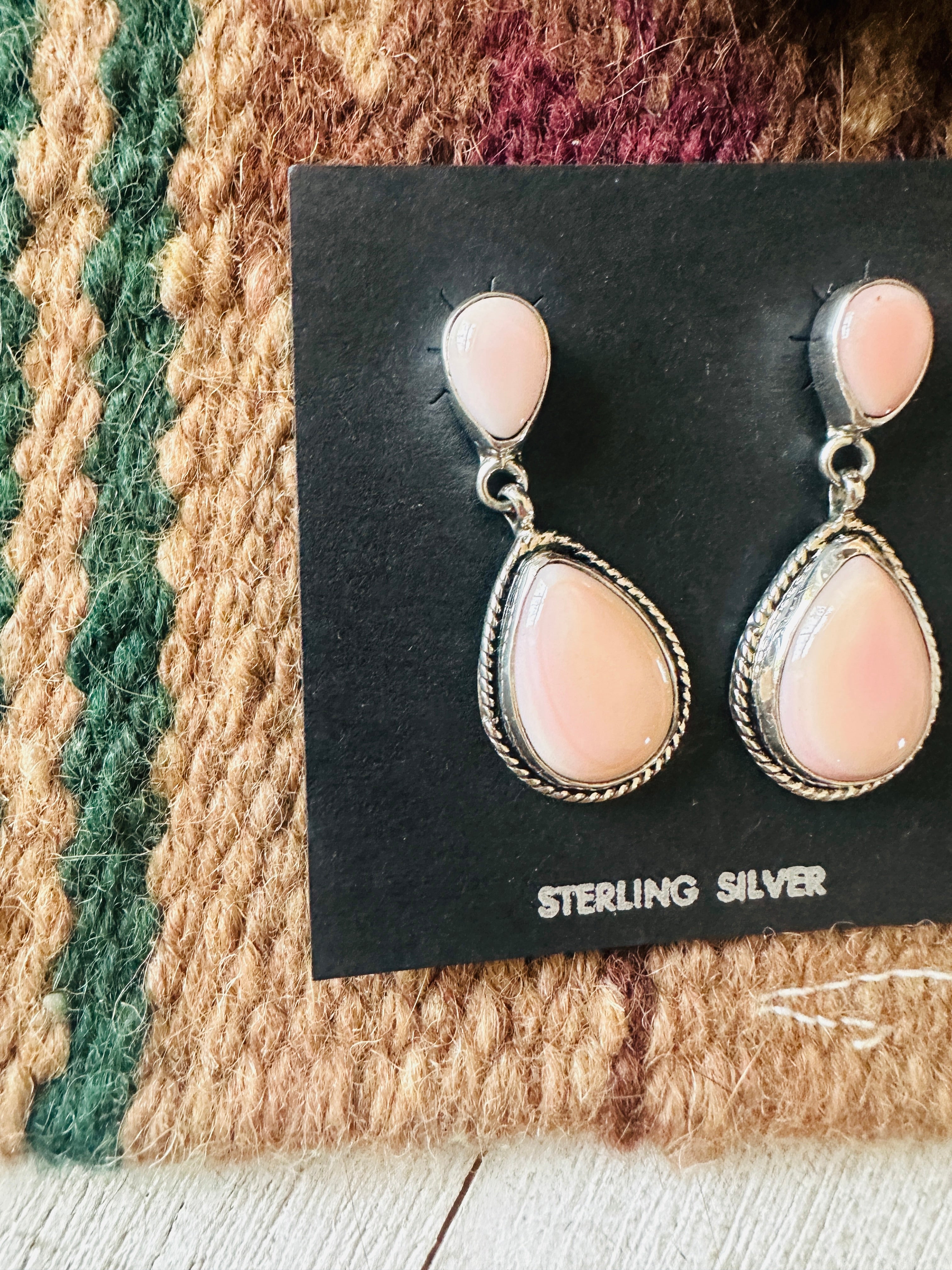 Navajo Sterling Silver & Queen Pink Conch Dangle Earrings