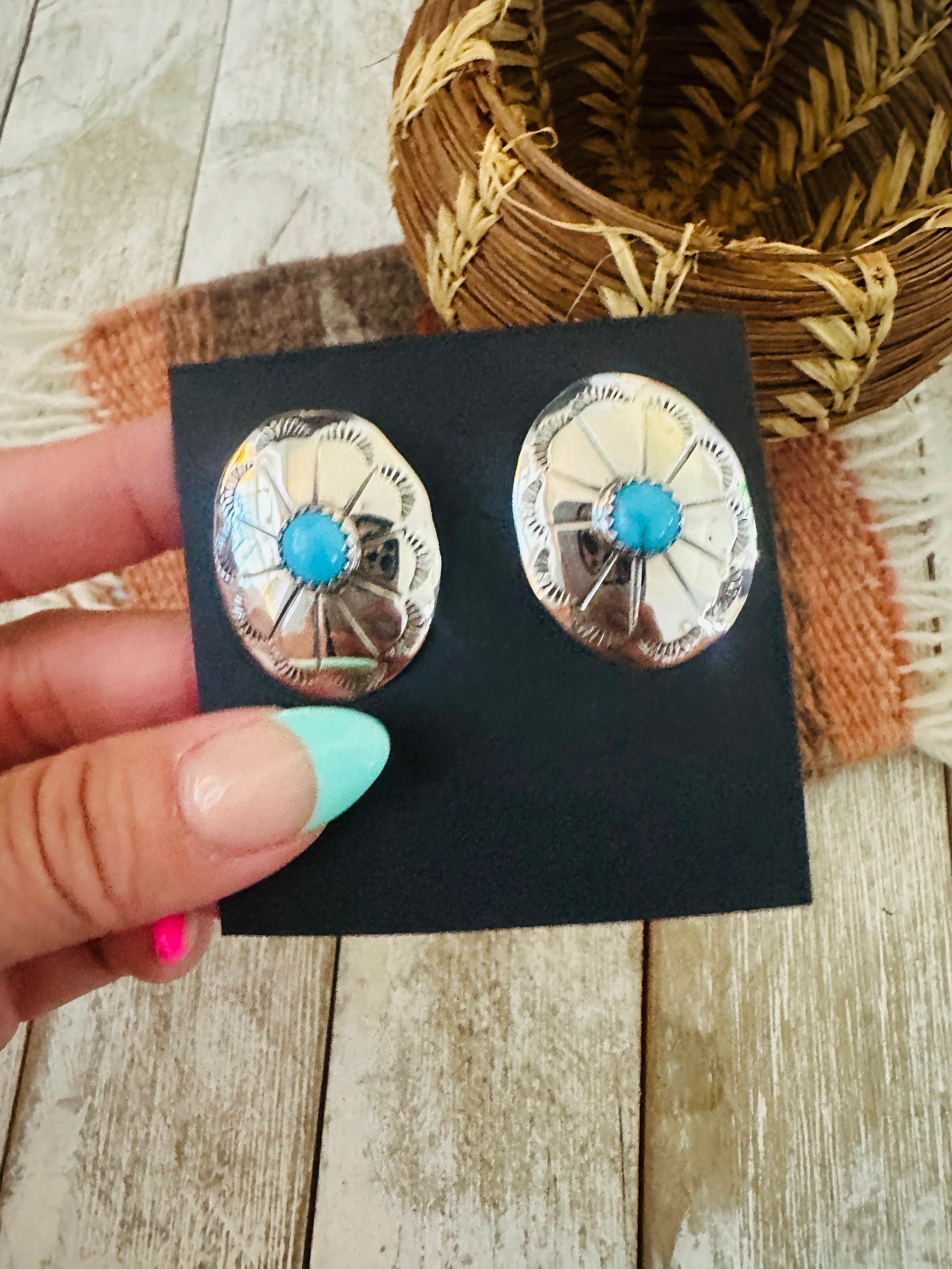 Handcrafted Turquoise & Sterling Silver Concho Post Earrings