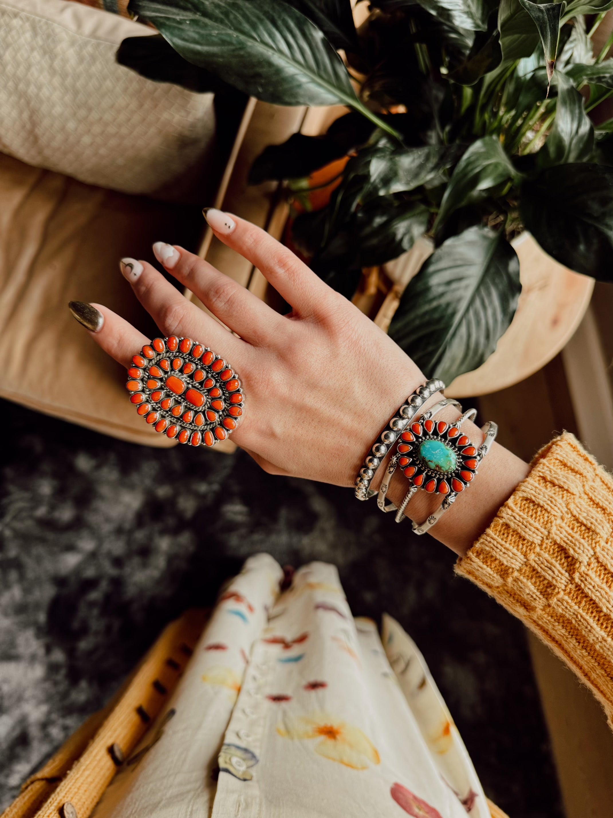 Cassidy Collection Handmade Coral & Sterling Silver Adjustable Cluster Ring Signed Nizhoni