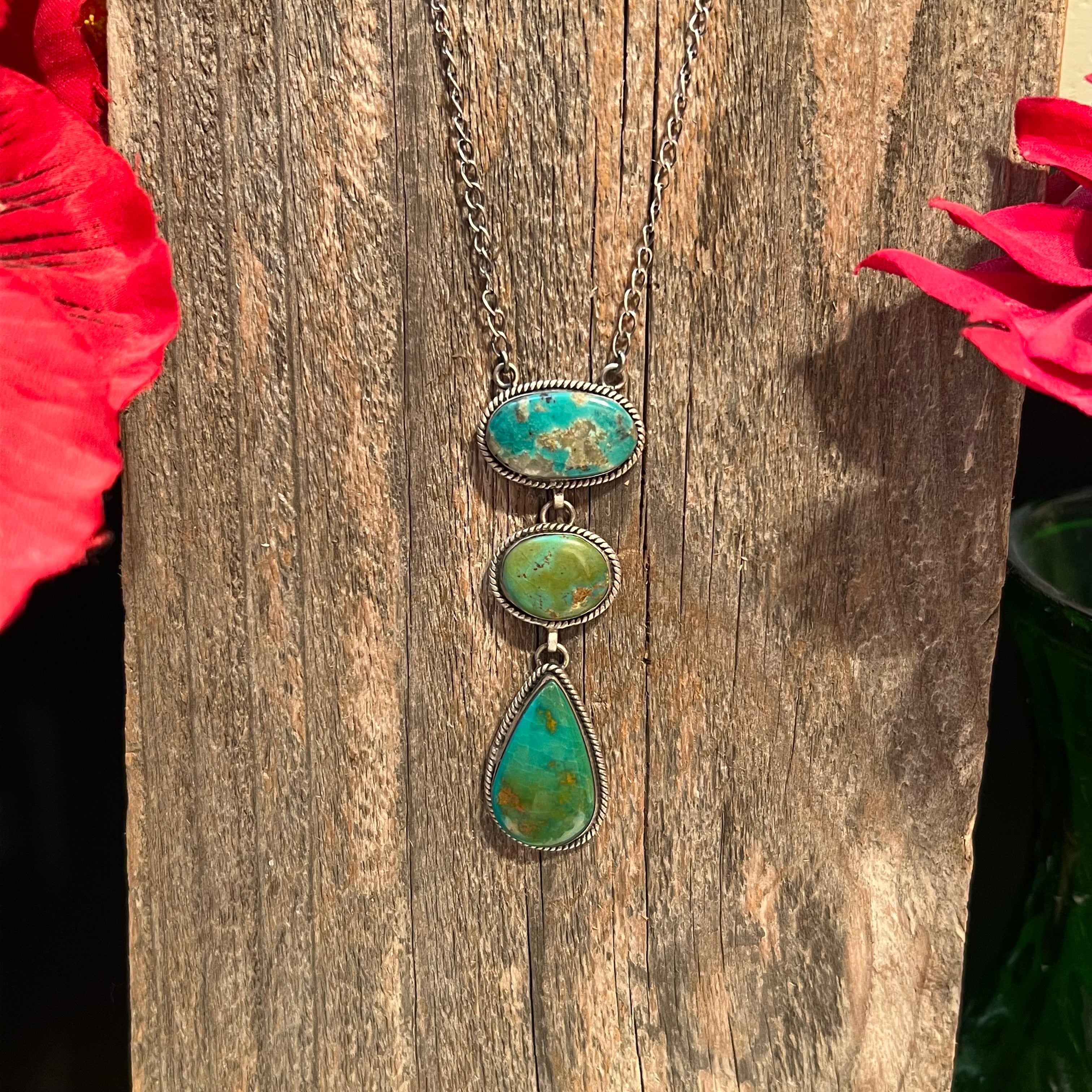 Handmade 3 Stone Turquoise & Sterling Silver Drop Necklace (04)