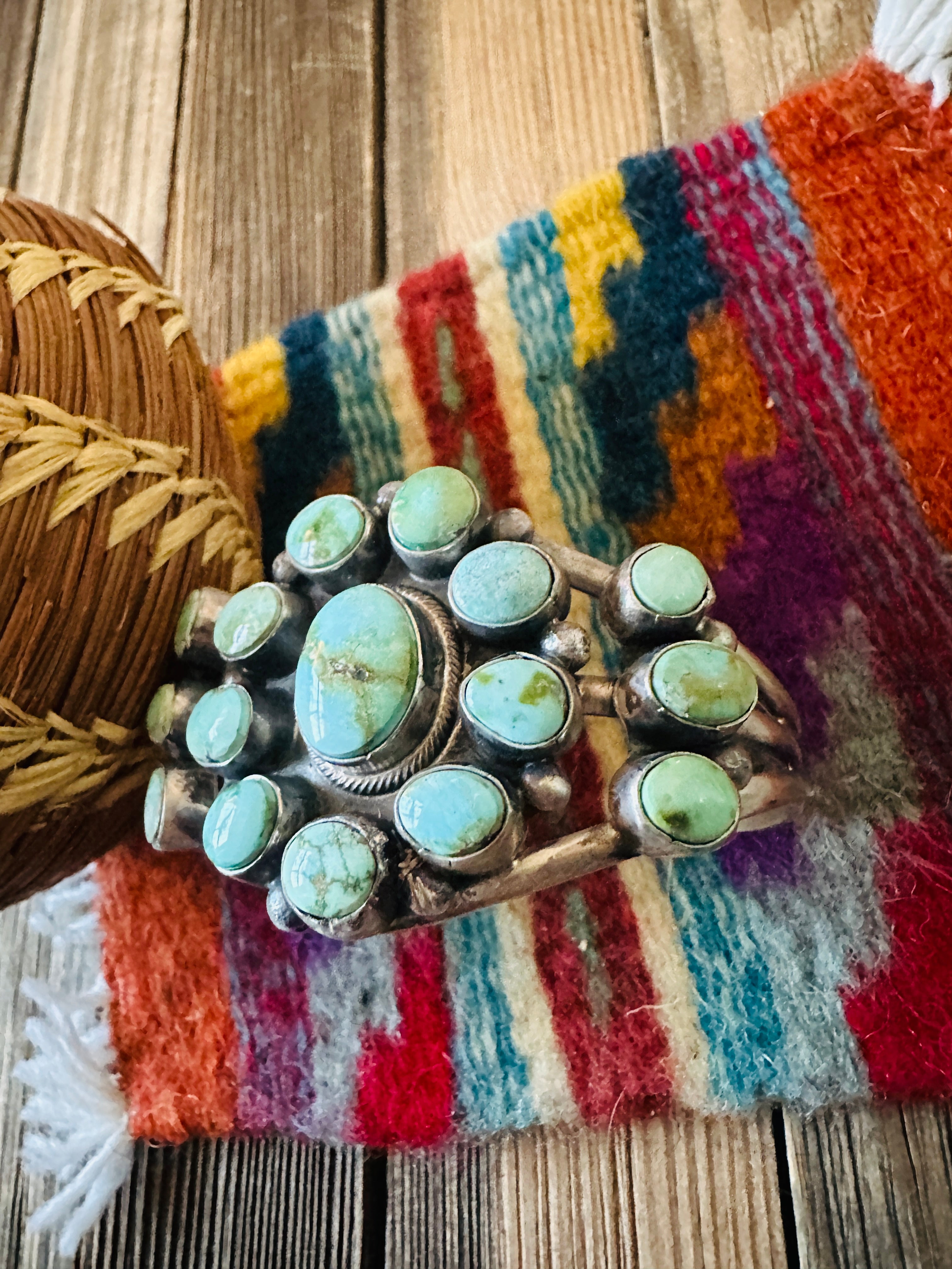 Handcrafted Sonoran Mountain Turquoise & Sterling Silver Cluster Cuff Bracelet by Bobby Johnson