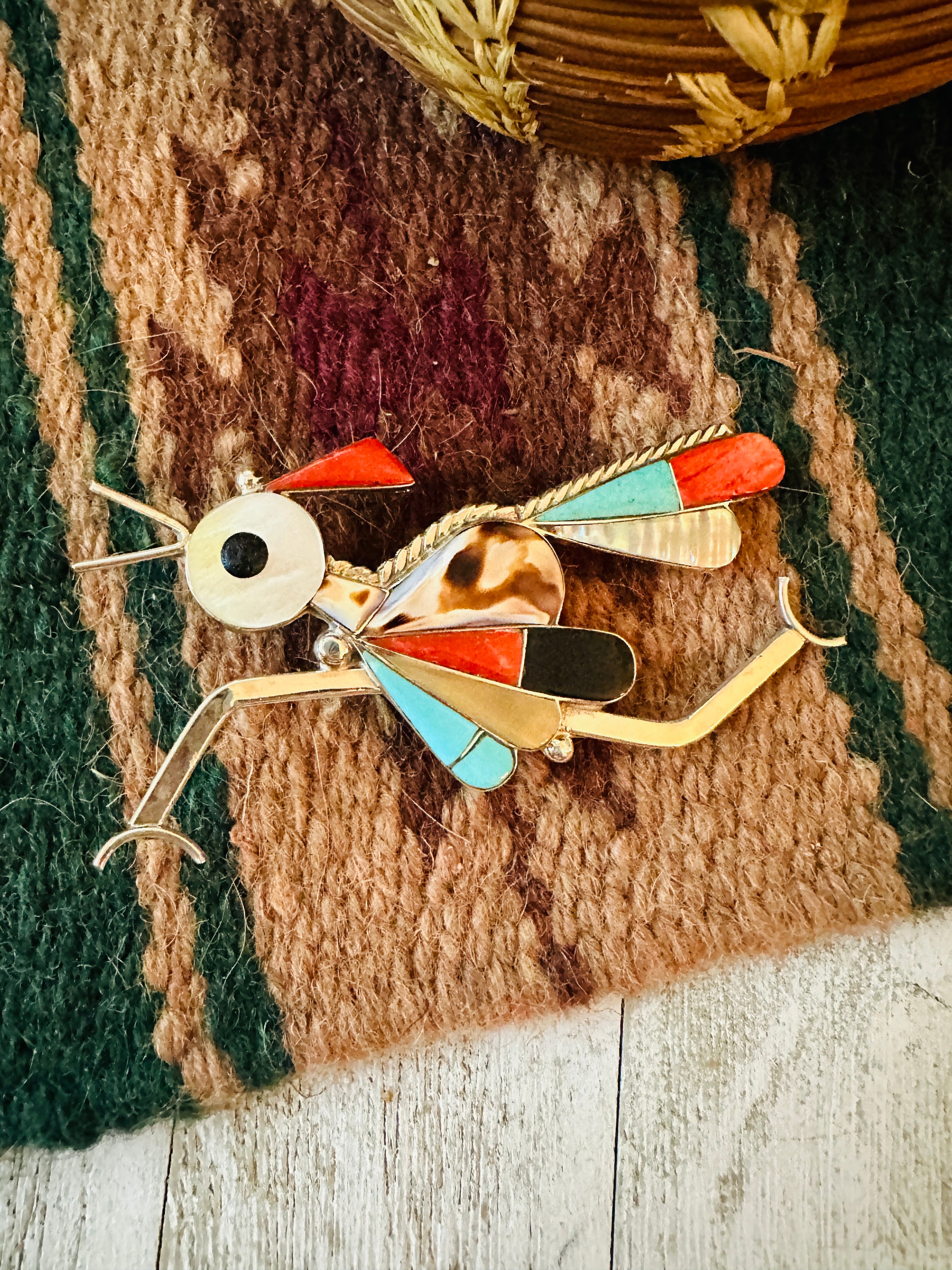 Zuni Multi Stone & Sterling Silver Inlay Roadrunner Brooch/ Pendant