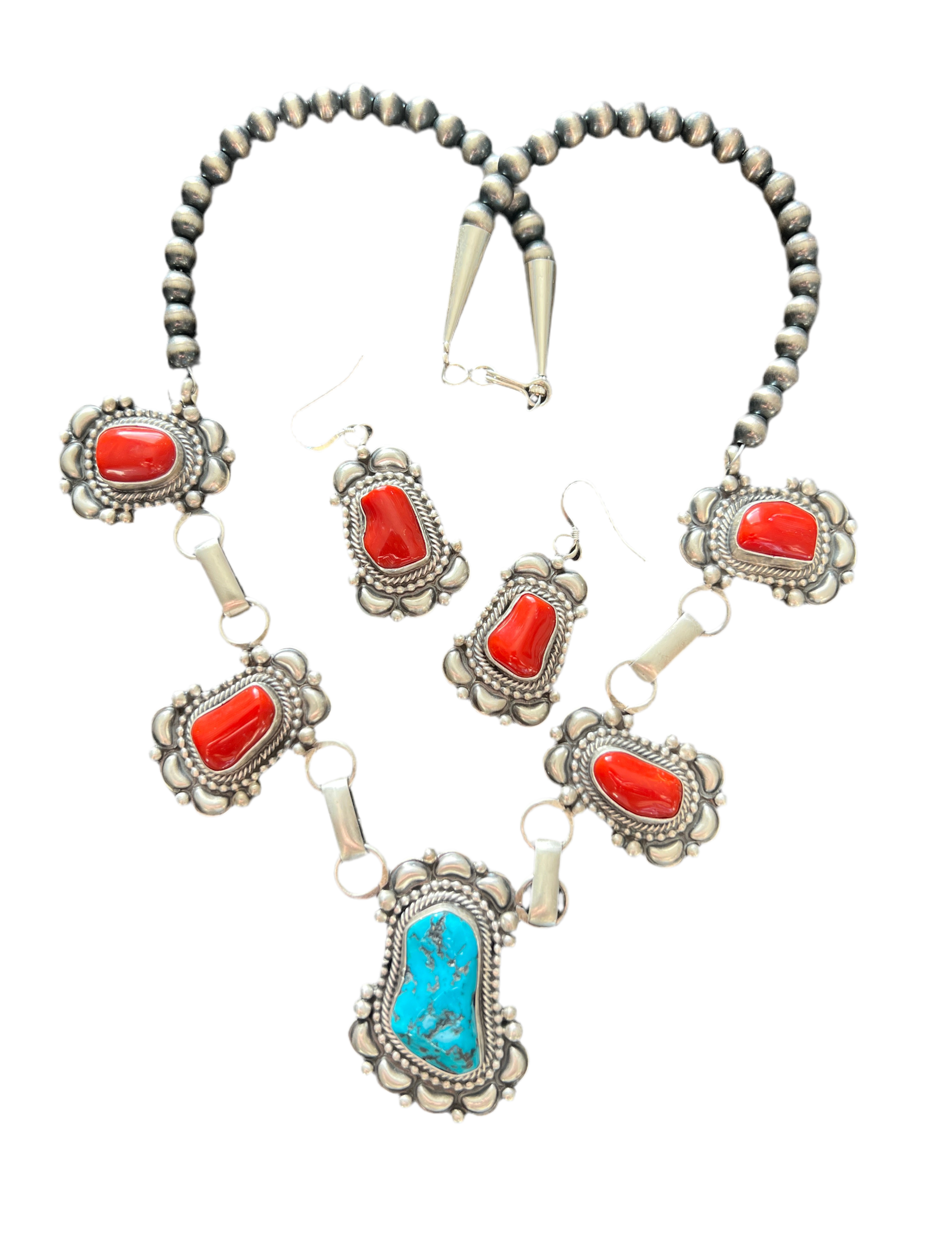 Navajo Sterling Silver, Mediterranean Coral and Sleeping Beauty Turquoise Necklace with Matching Earrings by Tom Lewis