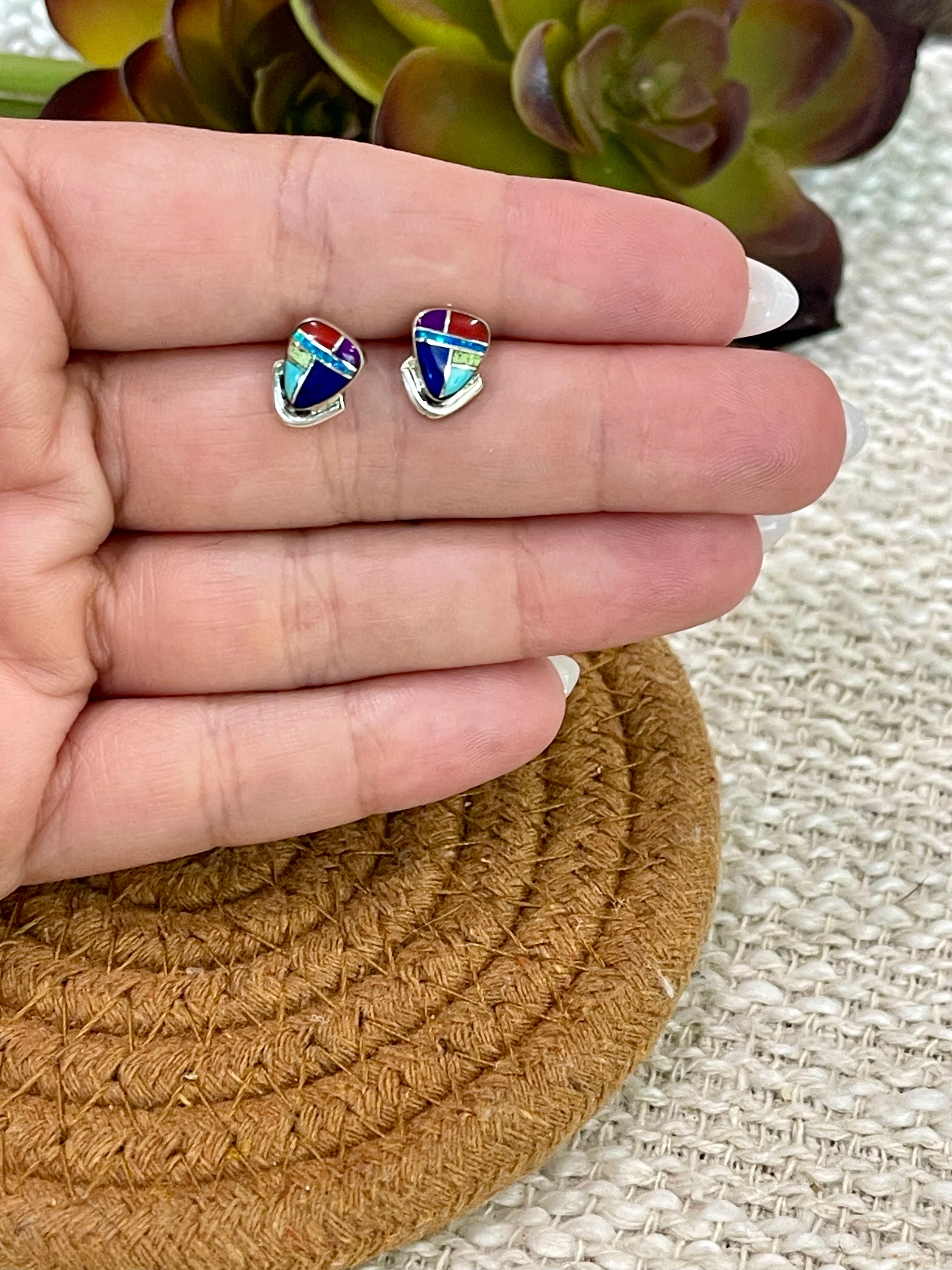 Beautiful Handmade Sterling Silver & Multi Stone Inlay Stud Earrings