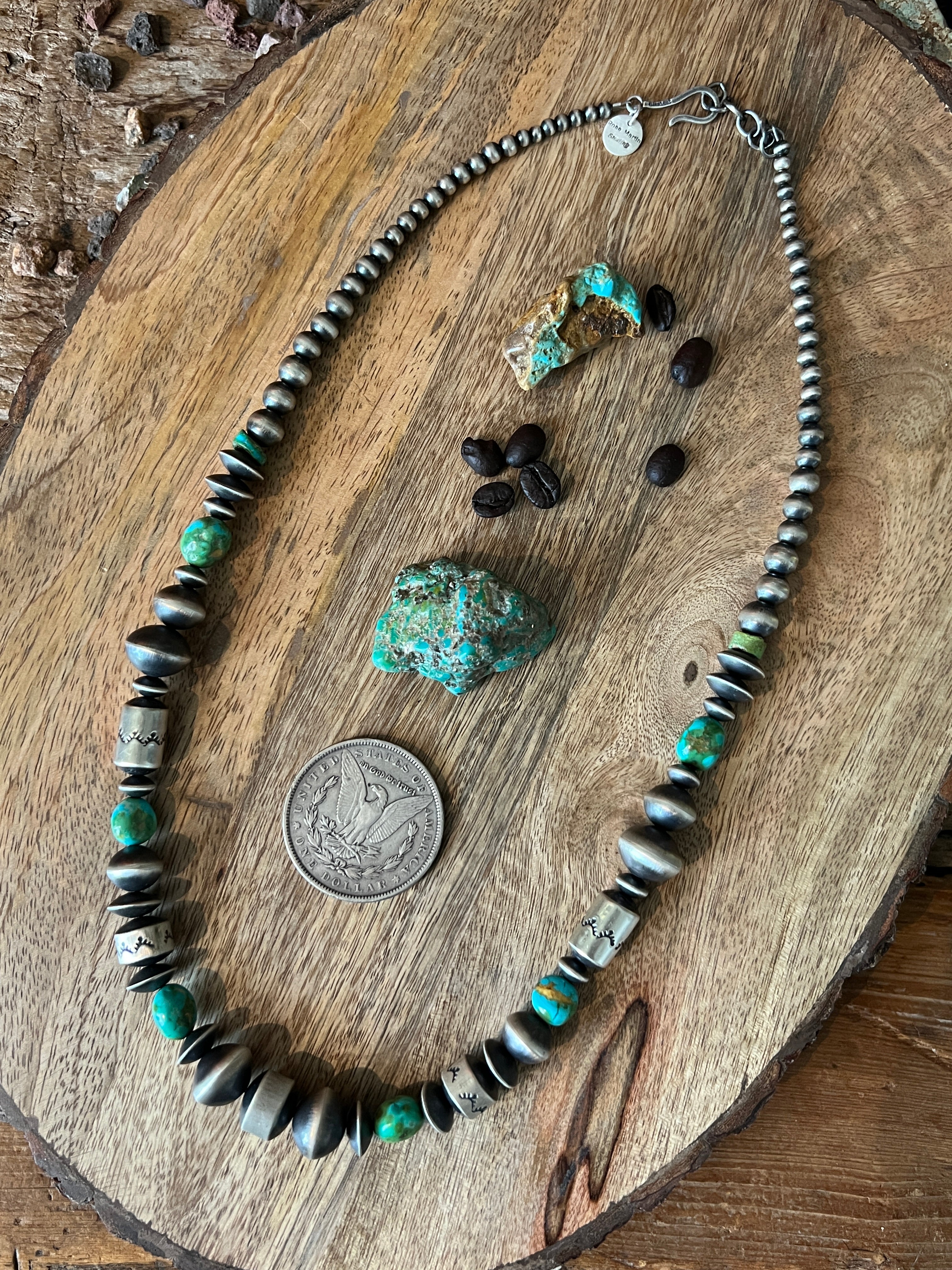 Handcrafted Sterling Silver and Sonoran Mountain Turquoise and Beaded Necklace by Rose Martin, 24 + 1 Inches