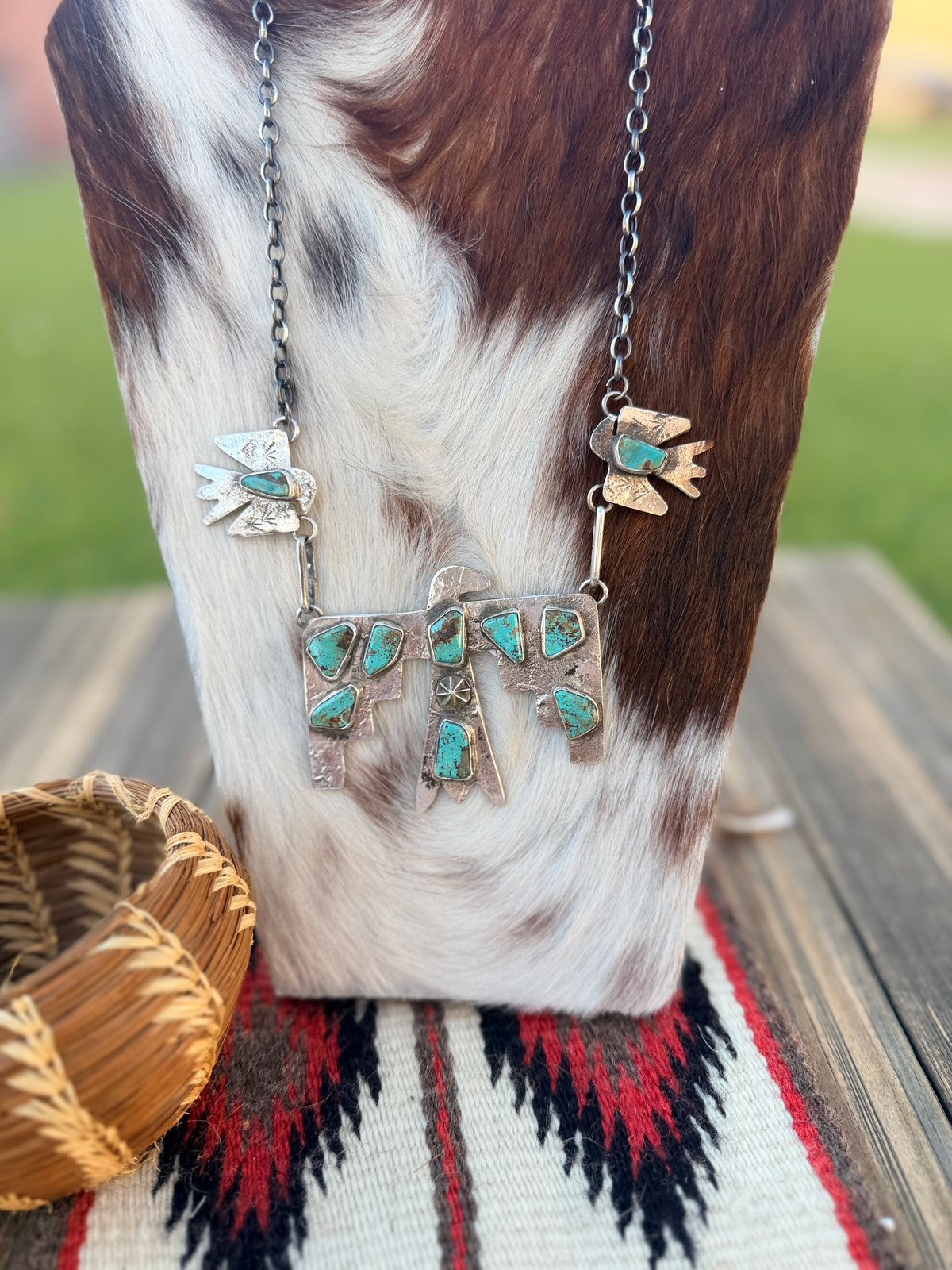 Handcrafted Sterling Silver & Kingman Turquoise Thunderbird Necklace by Jude Candelaria