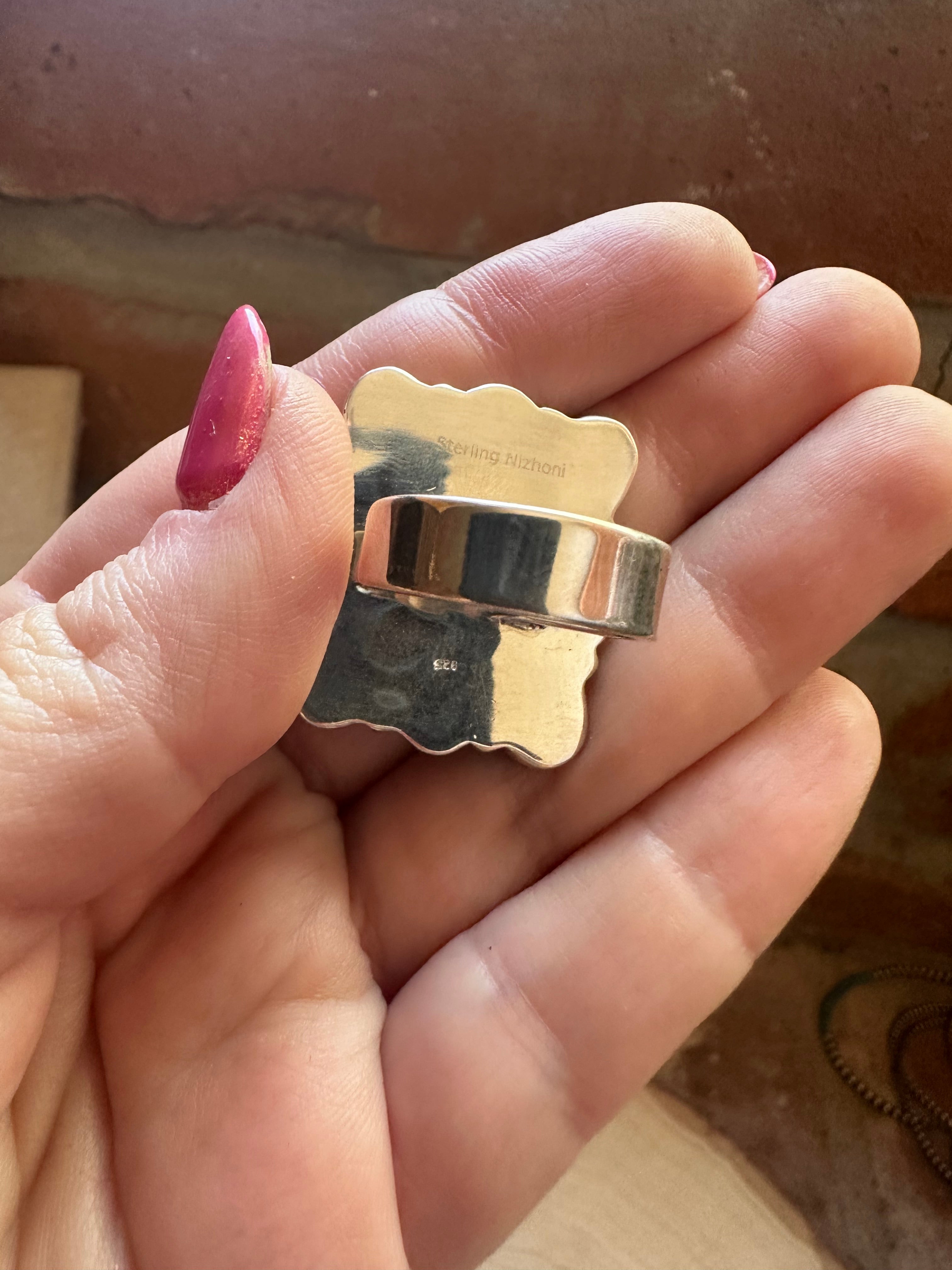 Handmade Coral, Lapis & Sterling Silver Adjustable Ring Signed Nizhoni