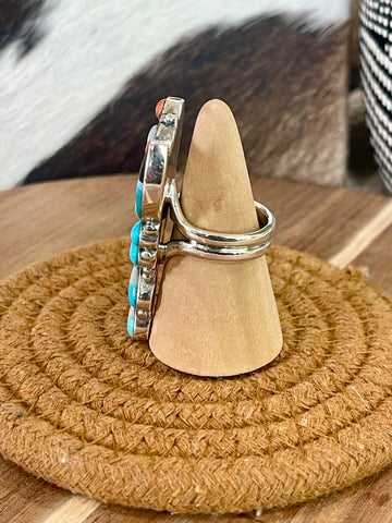 Beautiful Handmade Sterling Silver & Multi Stone Thunderbird Adjustable Ring