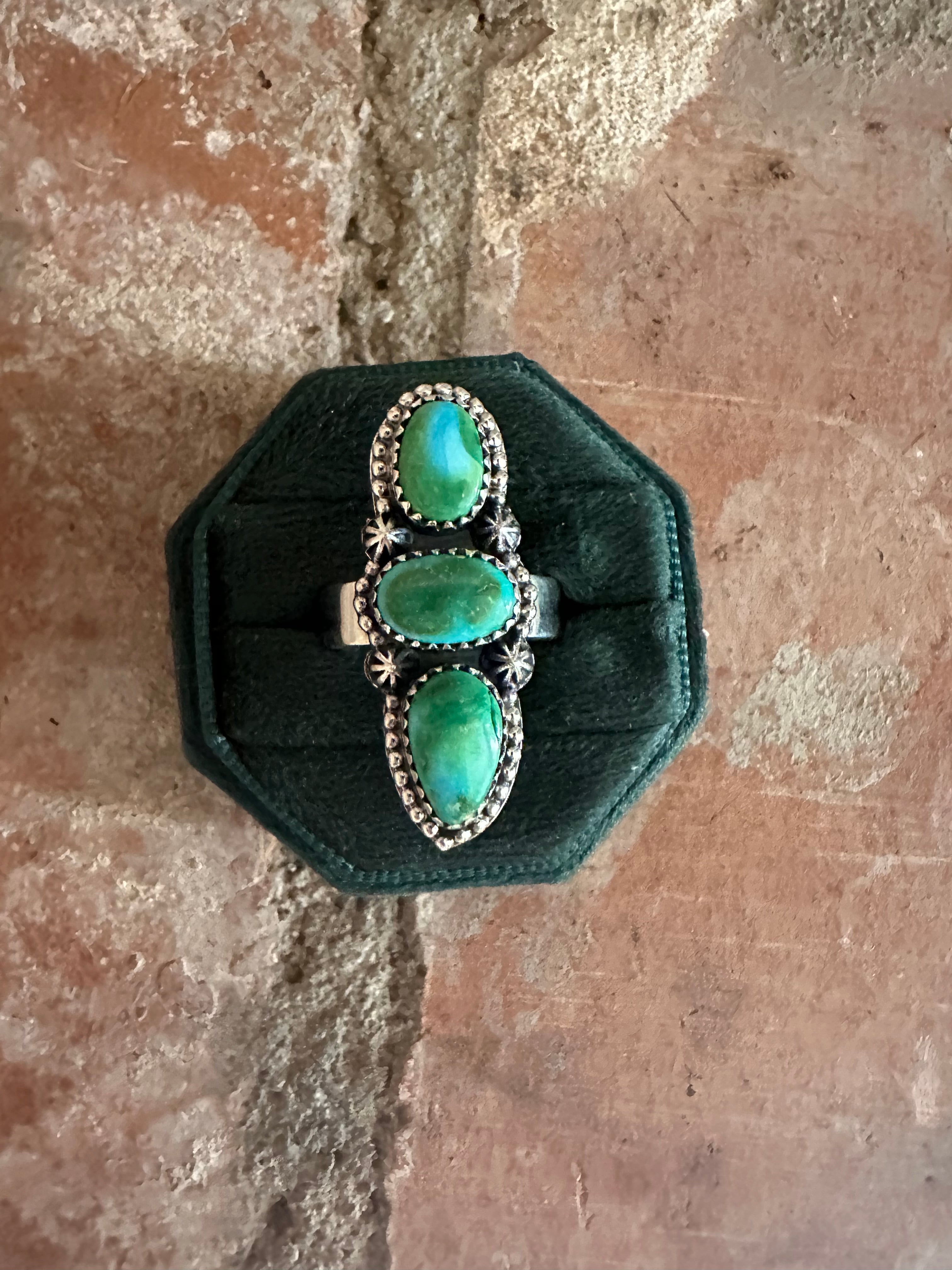 Beautiful Handmade Sonoran Gold Turquoise And Sterling Silver 3 Stone Ring