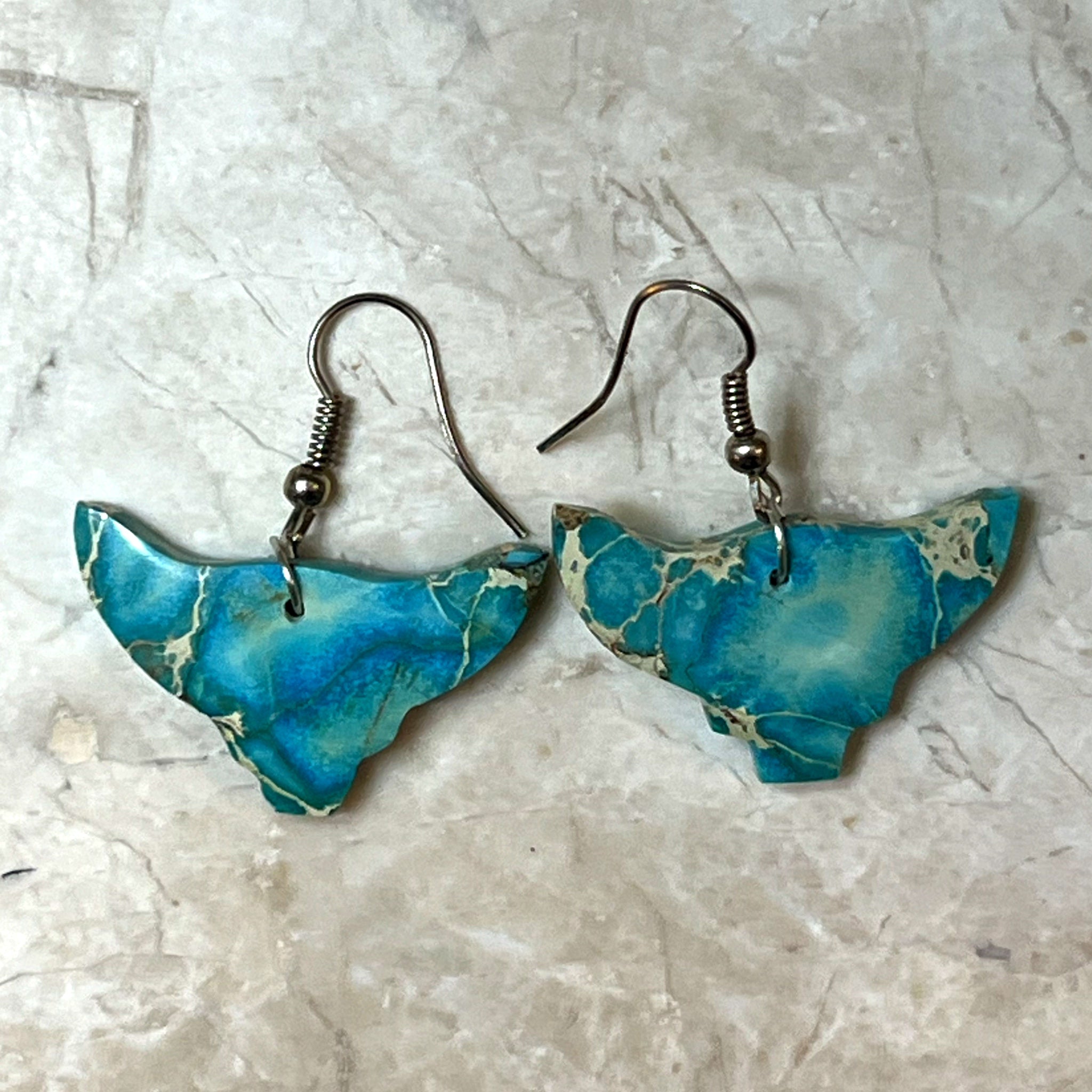 Handcrafted Indigo Turquoise Bull Head Slab Sterling Silver Earrings