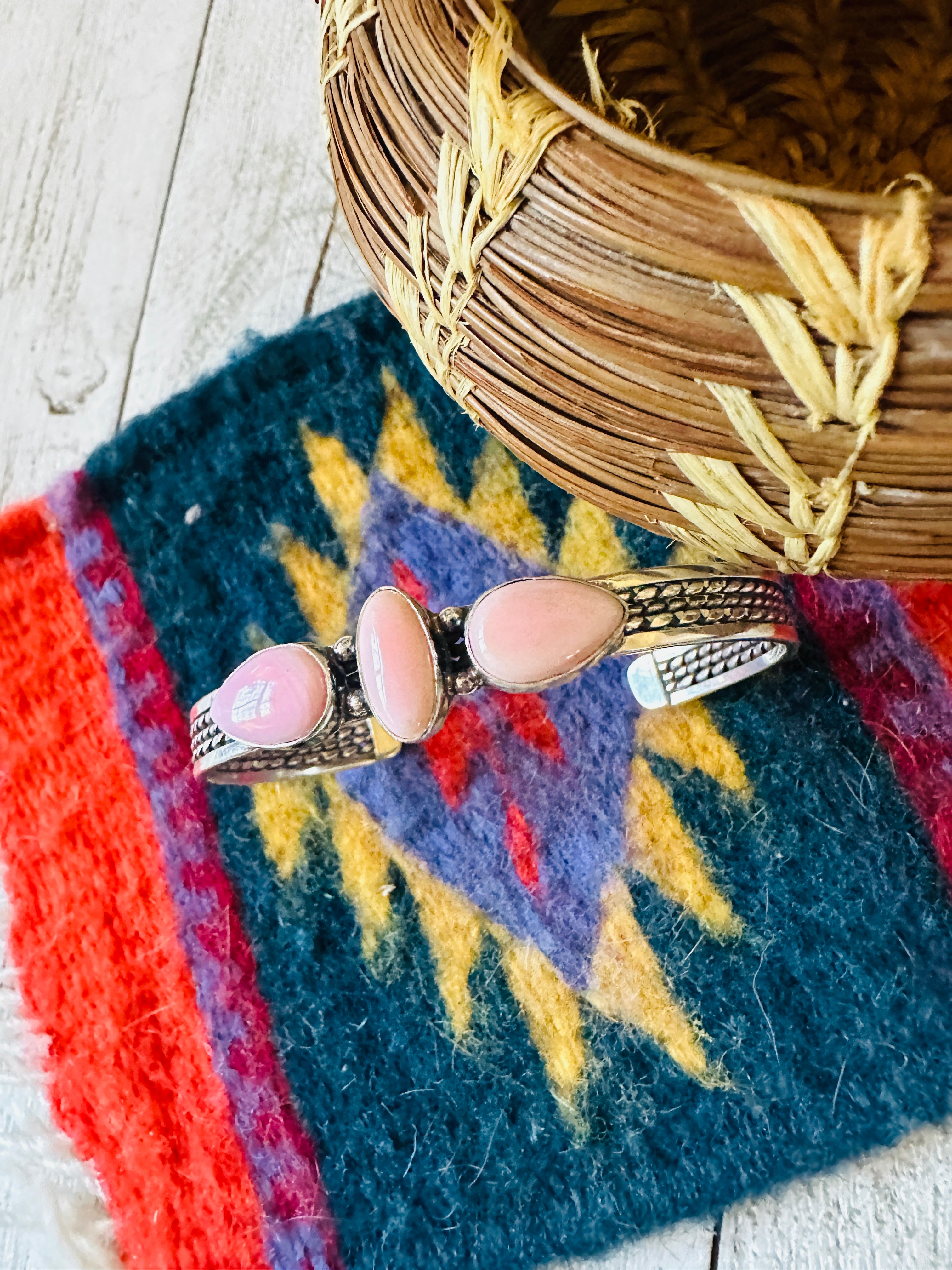 Navajo Queen Pink Conch Shell & Sterling Silver Cuff Bracelet