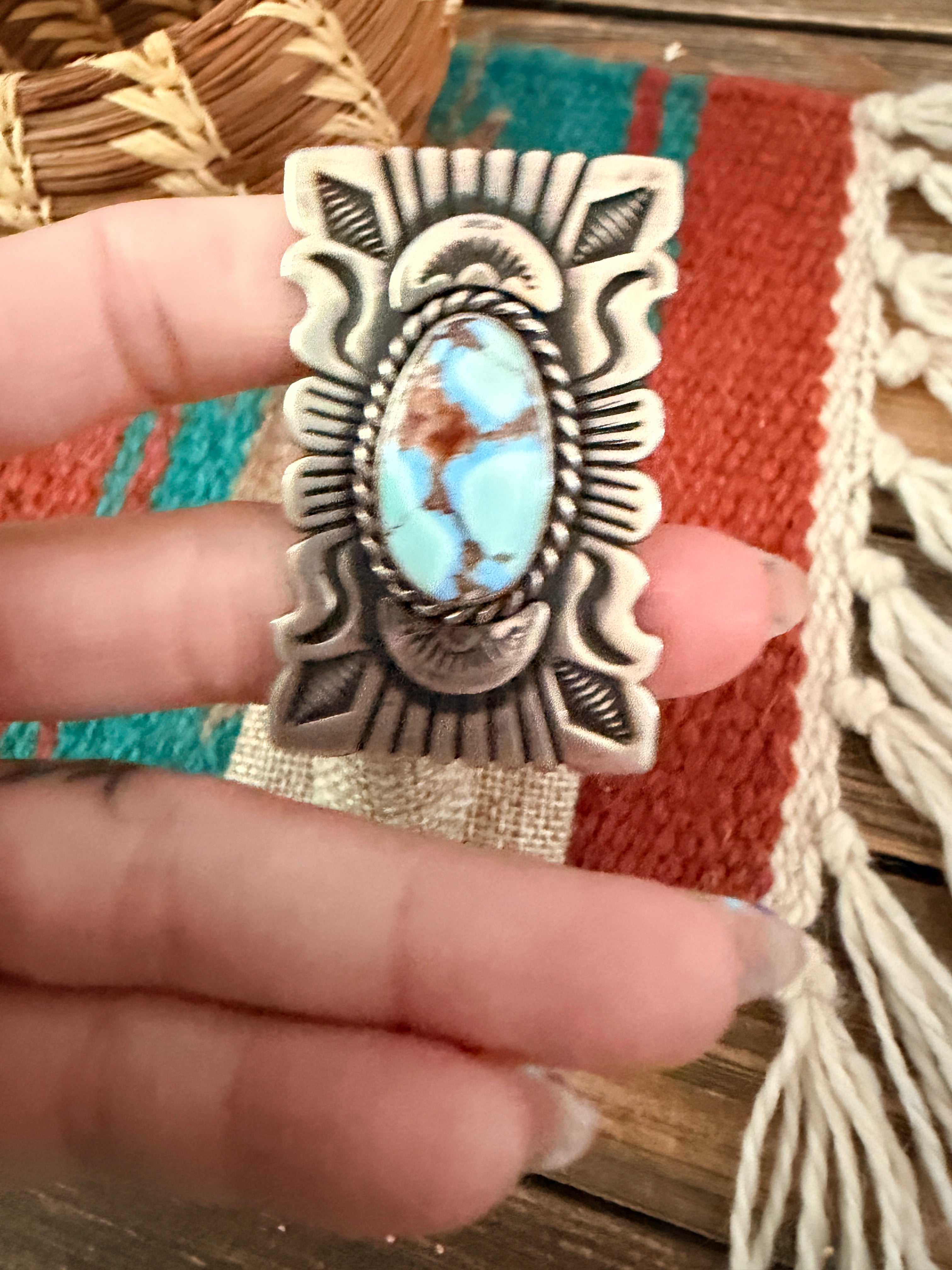 Handcrafted Golden Hills Turquoise & Sterling Silver Ring Size 7 by John Nelson