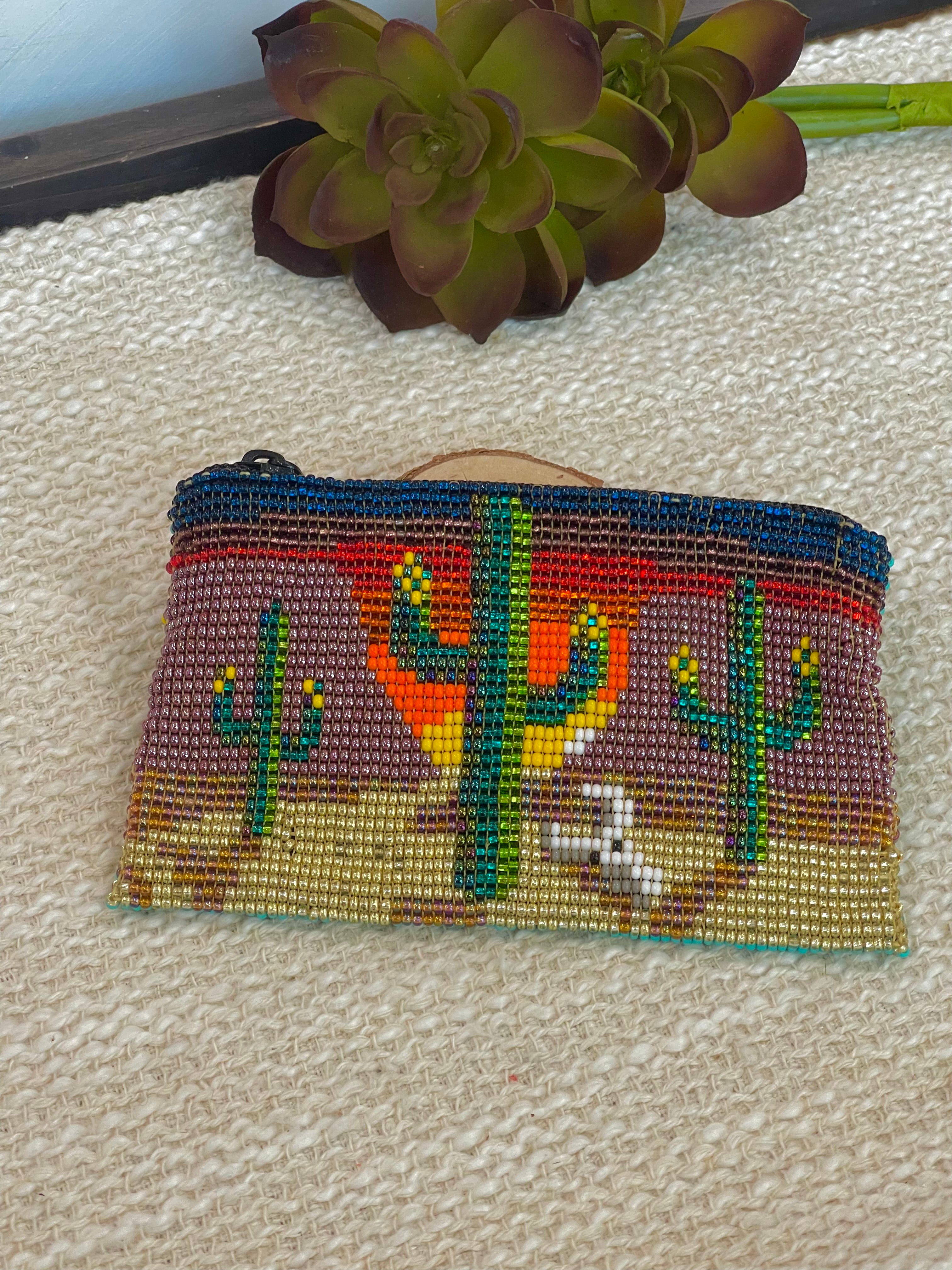 Handmade Beaded Saguaro Desert Coin Purse Dark