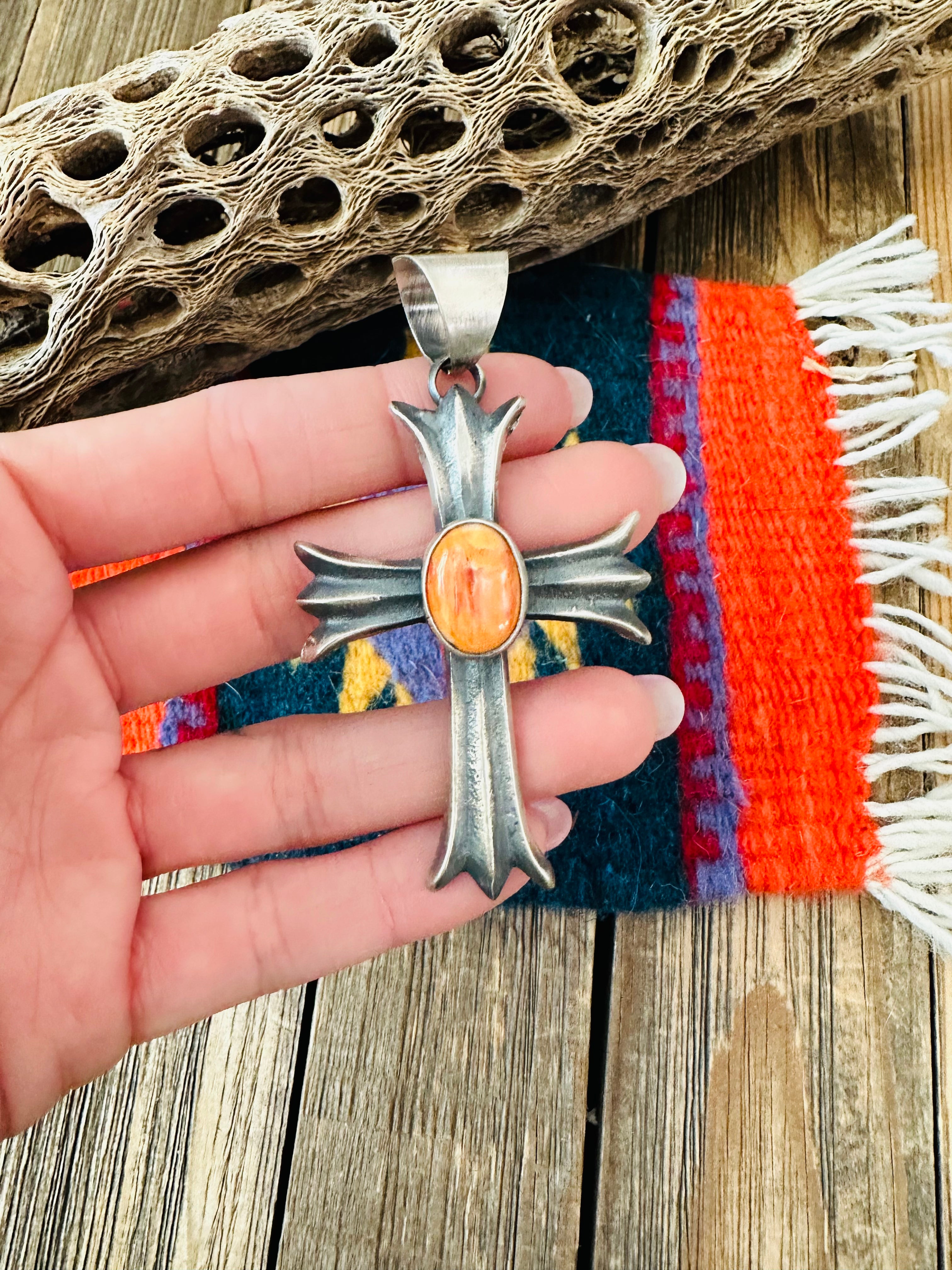 Navajo Sterling Silver & Orange Spiny Cross Pendant by Chimney Butte