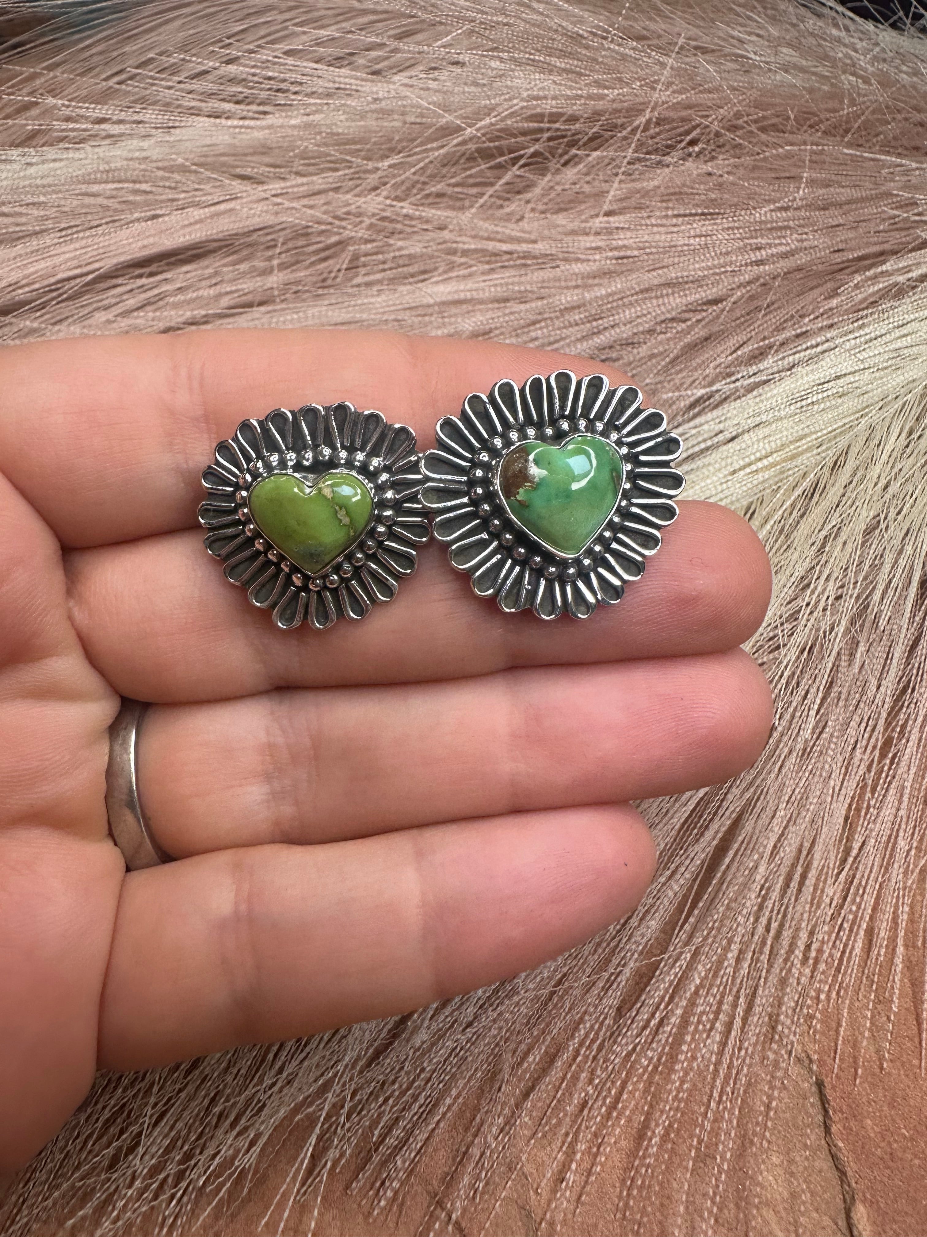 Handmade Sterling Silver Sonoran Gold Turquoise Post Earrings Signed Nizhoni