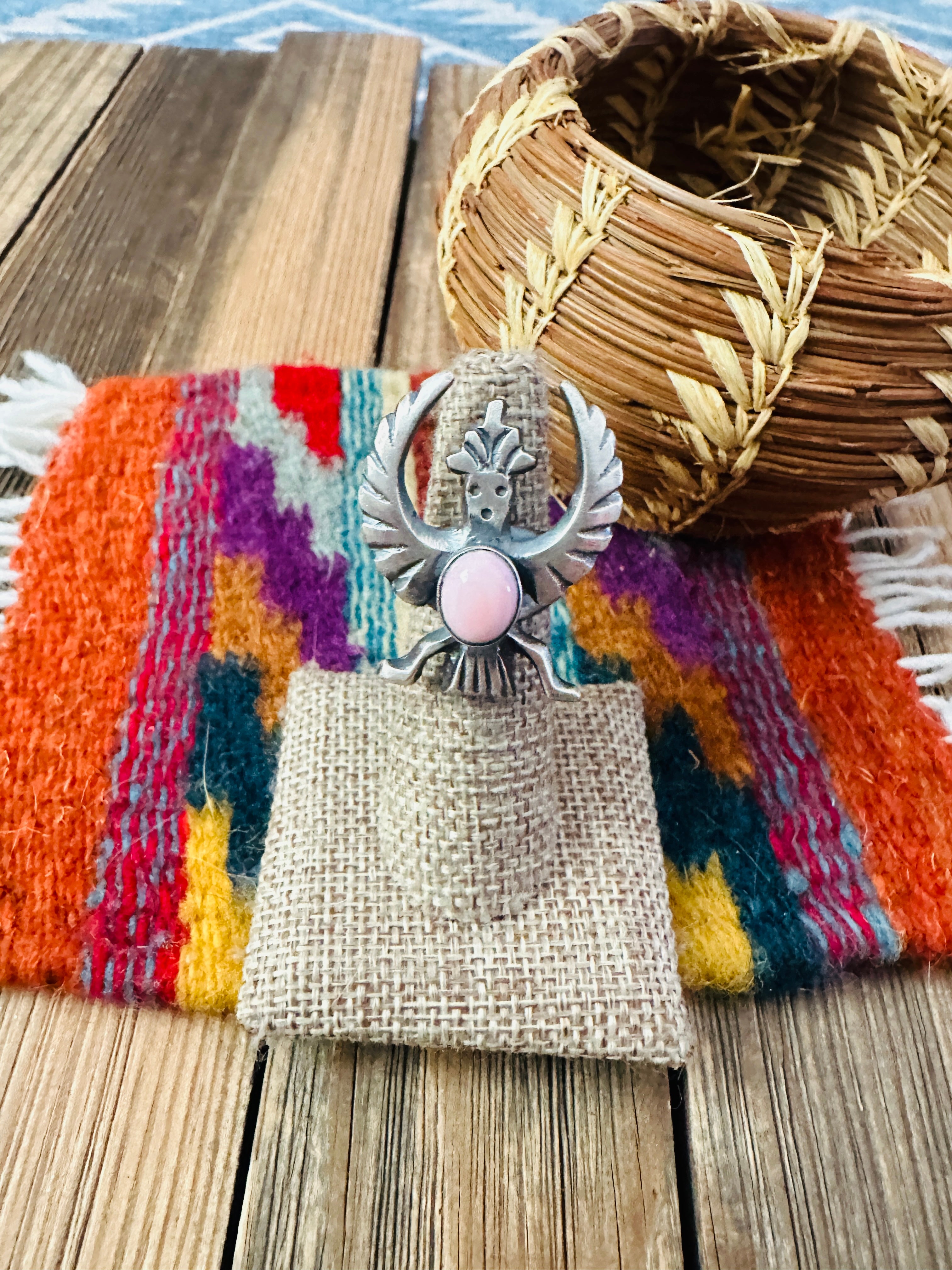 Handcrafted Queen Pink Conch and Sterling Silver Thunderbird Ring size 5 by Chimney Butte