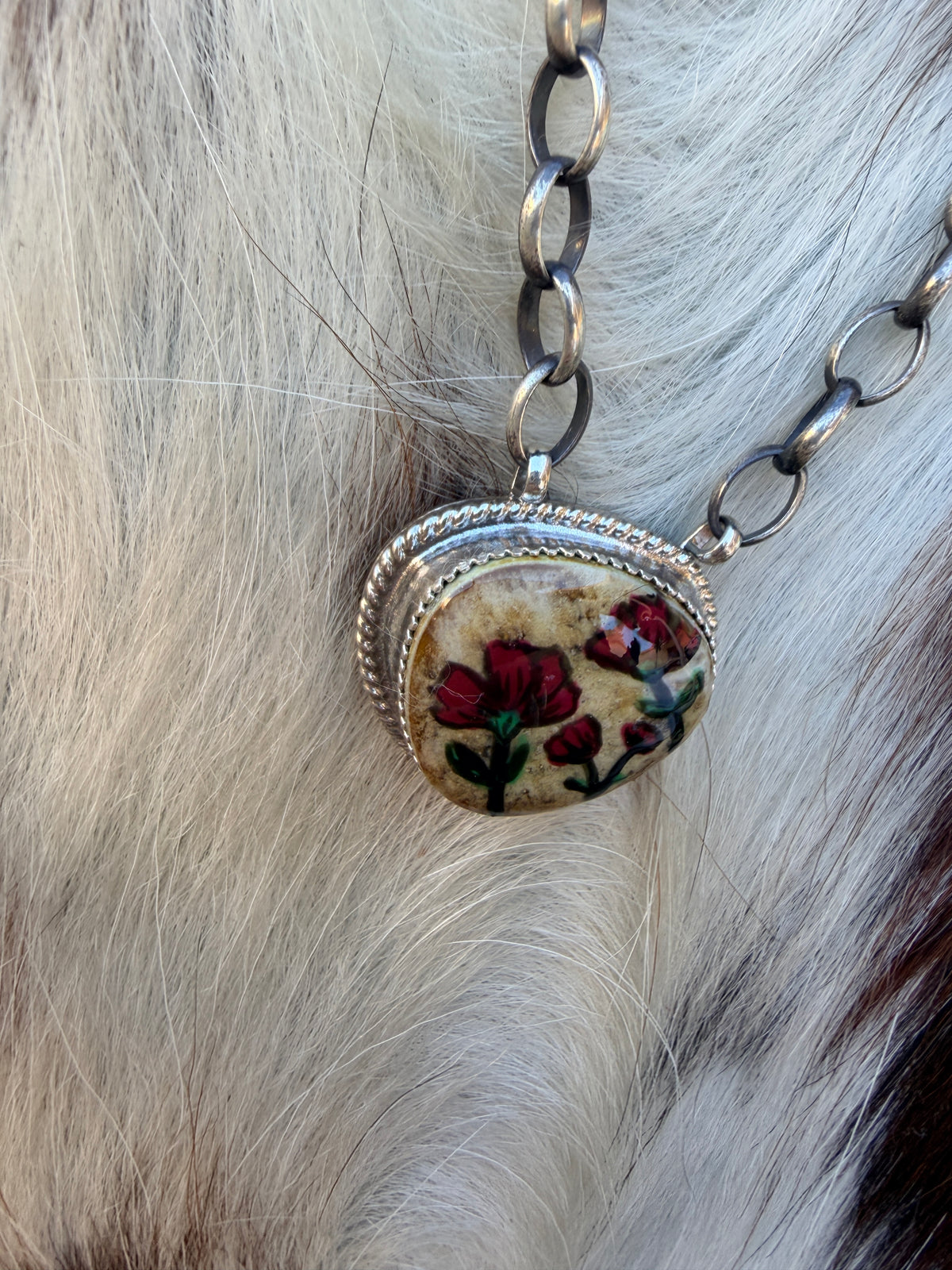Handmade Sterling Silver & Jasper Painted Flower Necklace