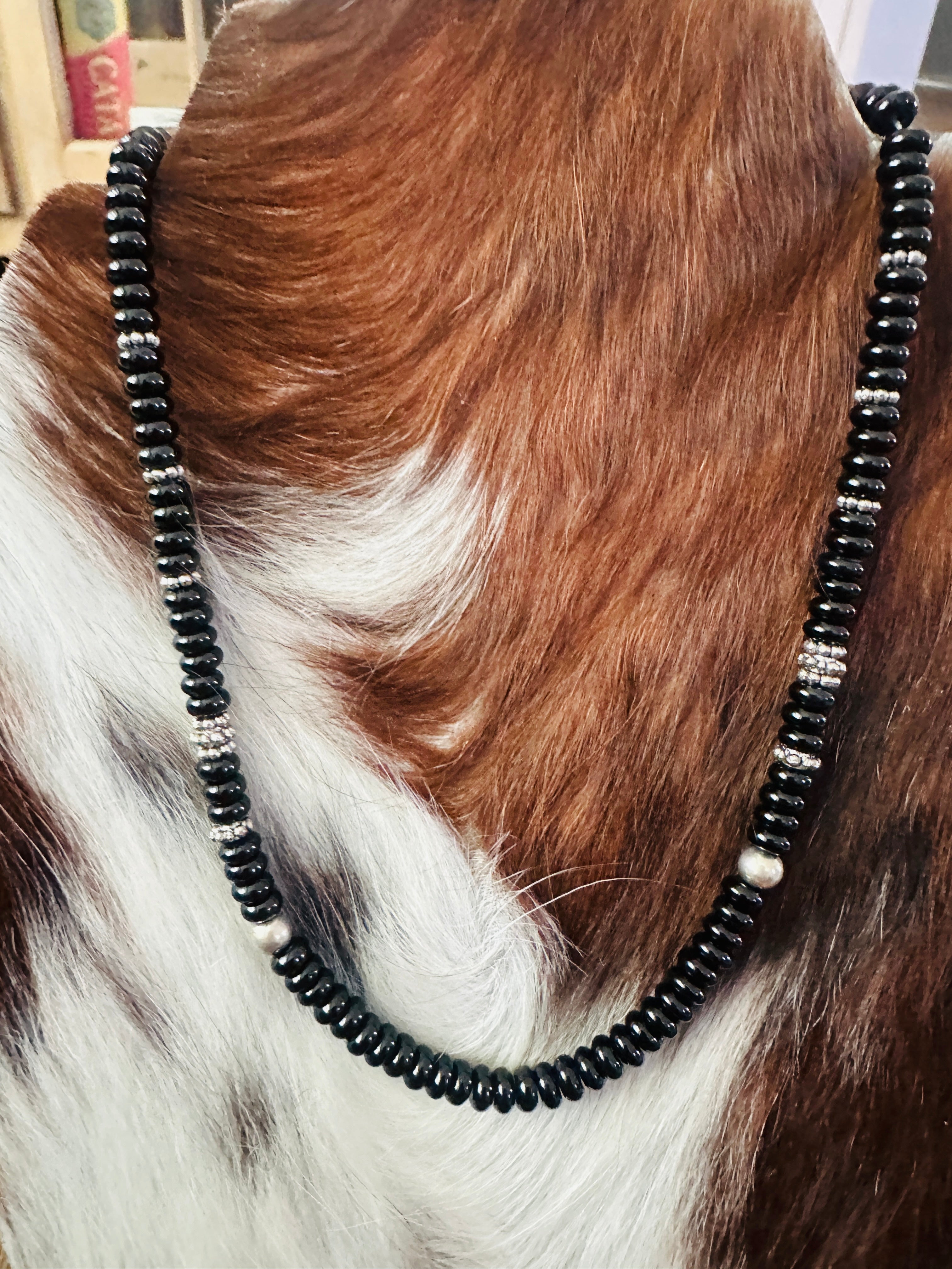 Handcrafted Black Onyx & Sterling Silver Beaded 18” Necklace by T & R Singer