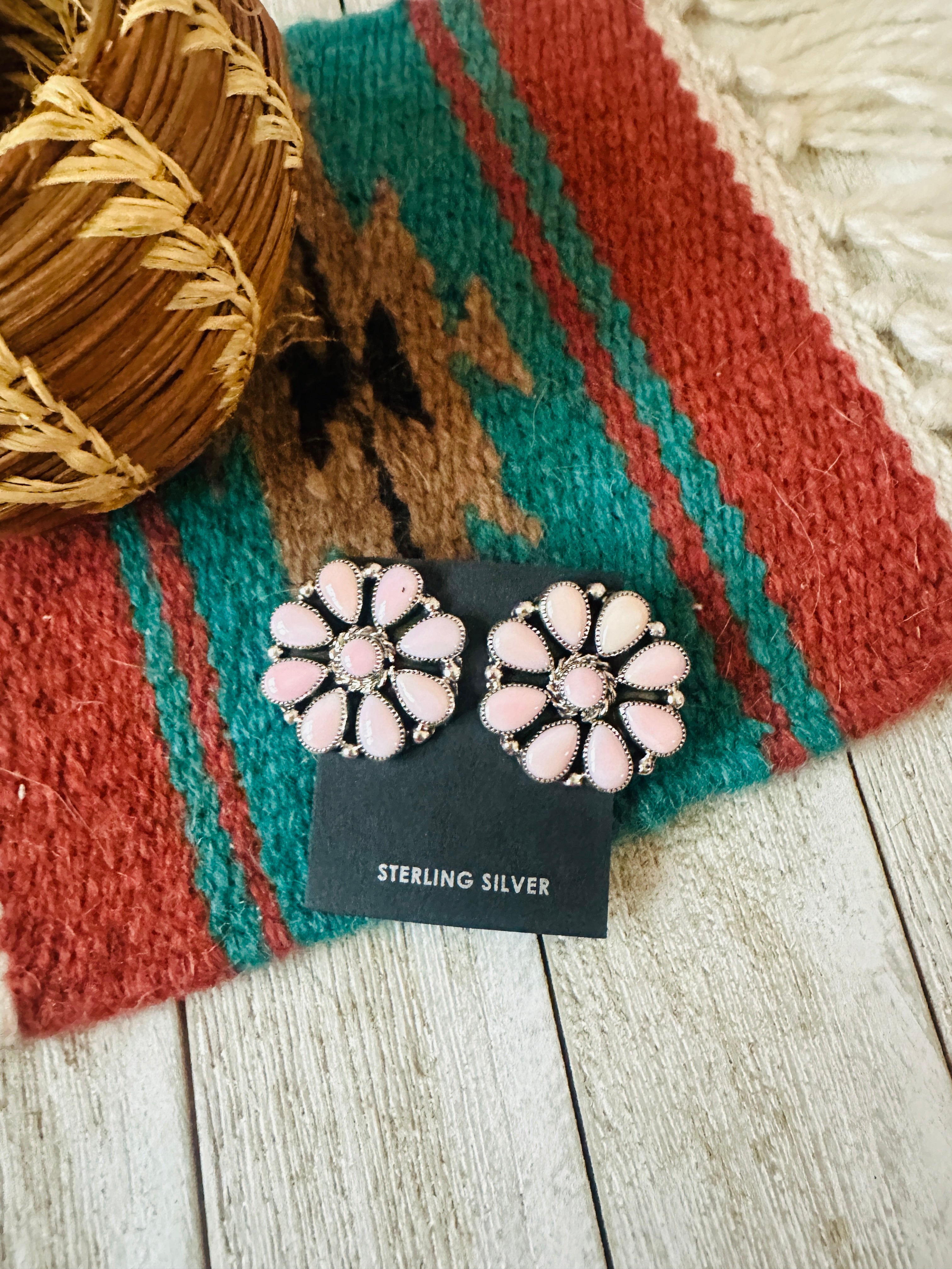 Handcrafted Queen Pink Conch & Sterling Silver Cluster Post Earrings