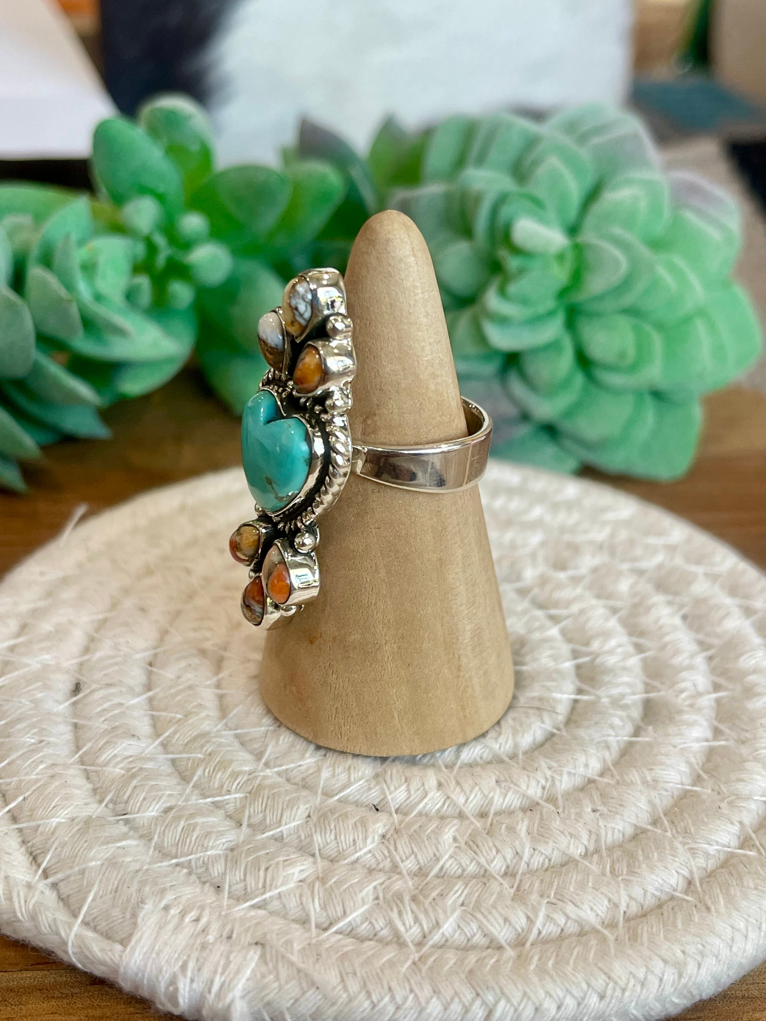 Beautiful Handmade Turquoise, Spice And Sterling Silver Adjustable Ring