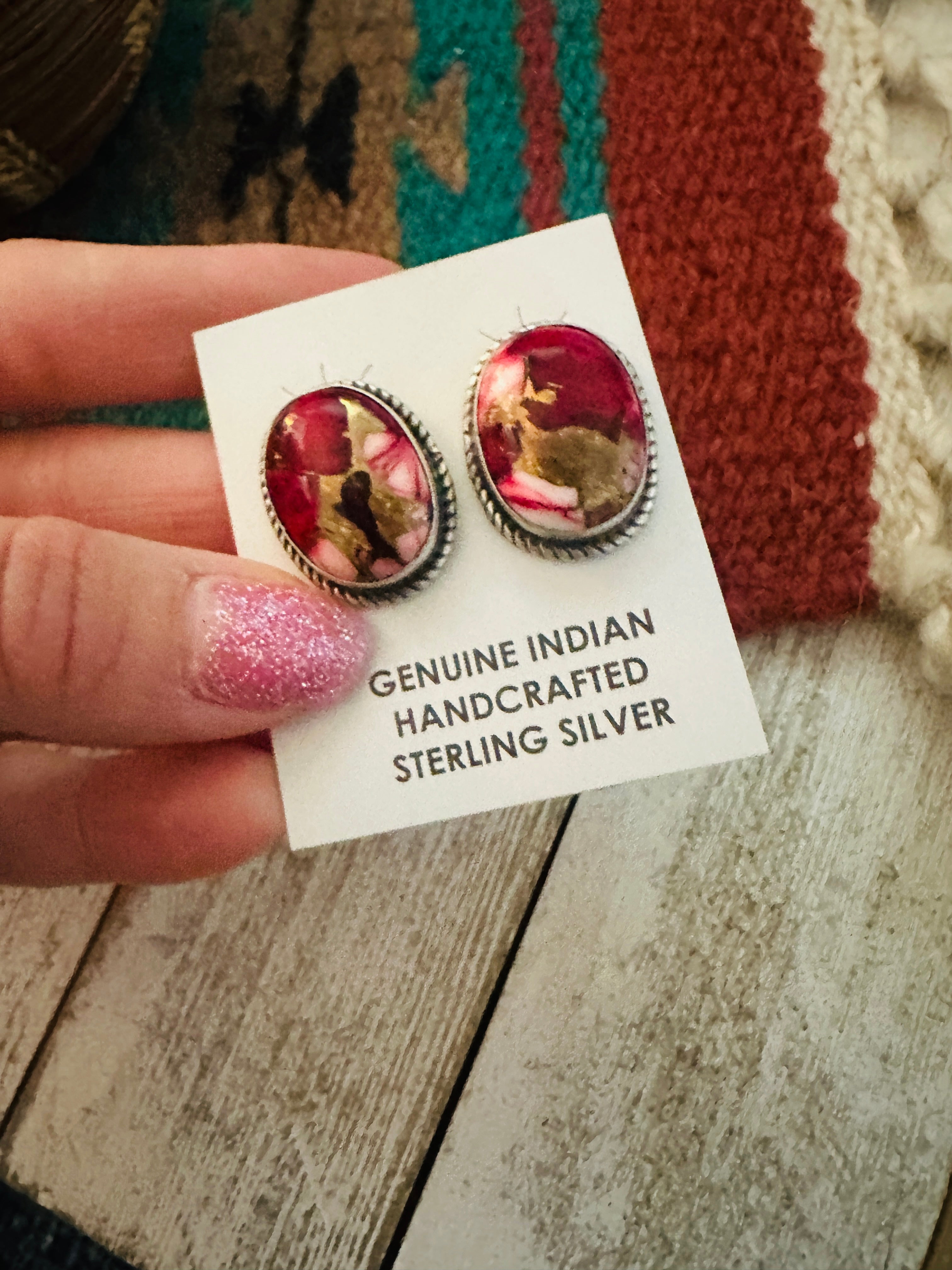 Navajo Sterling Silver & Pink Dahlia Post Earrings