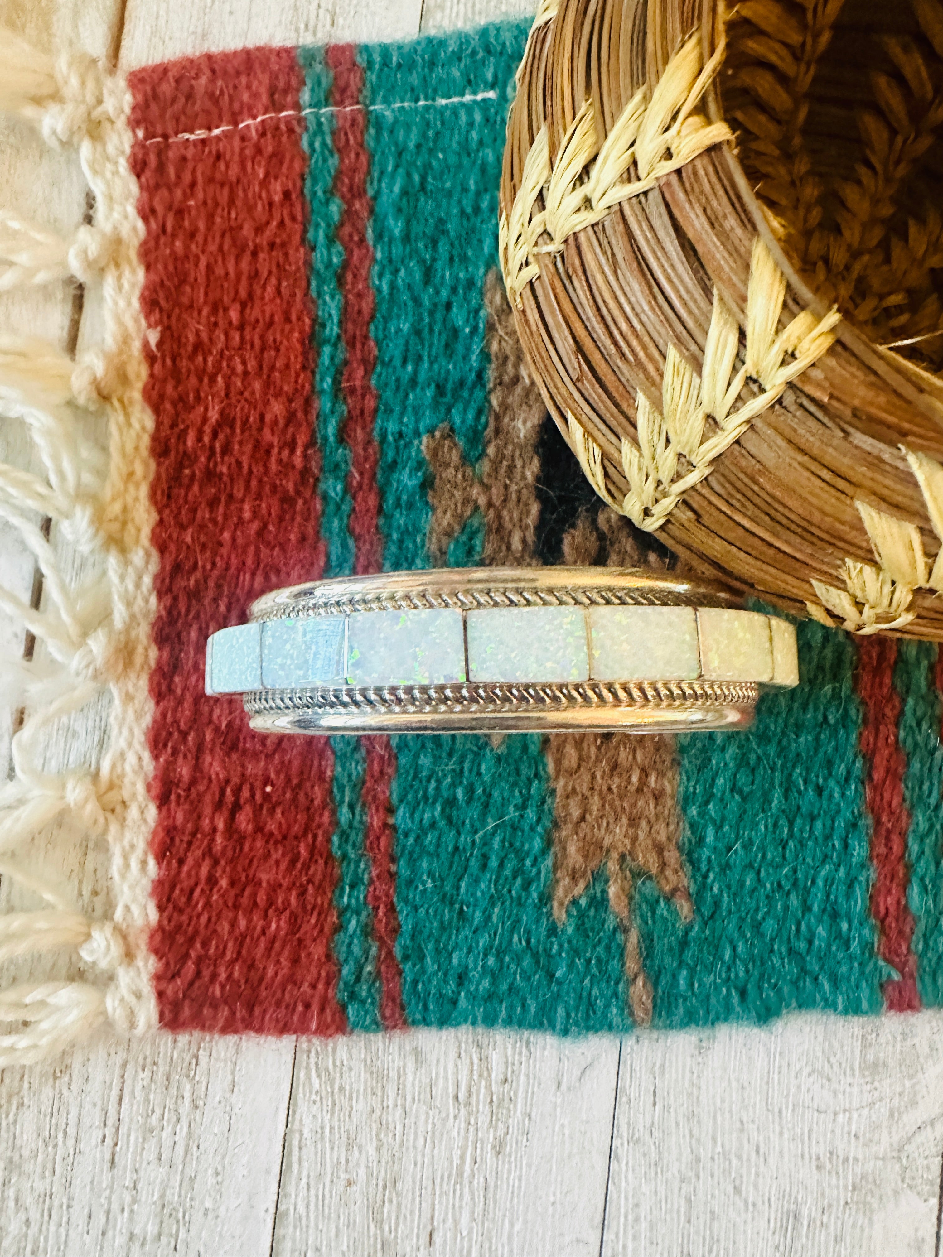 Navajo Fire Opal & Sterling Silver Inlay Cuff Bracelet