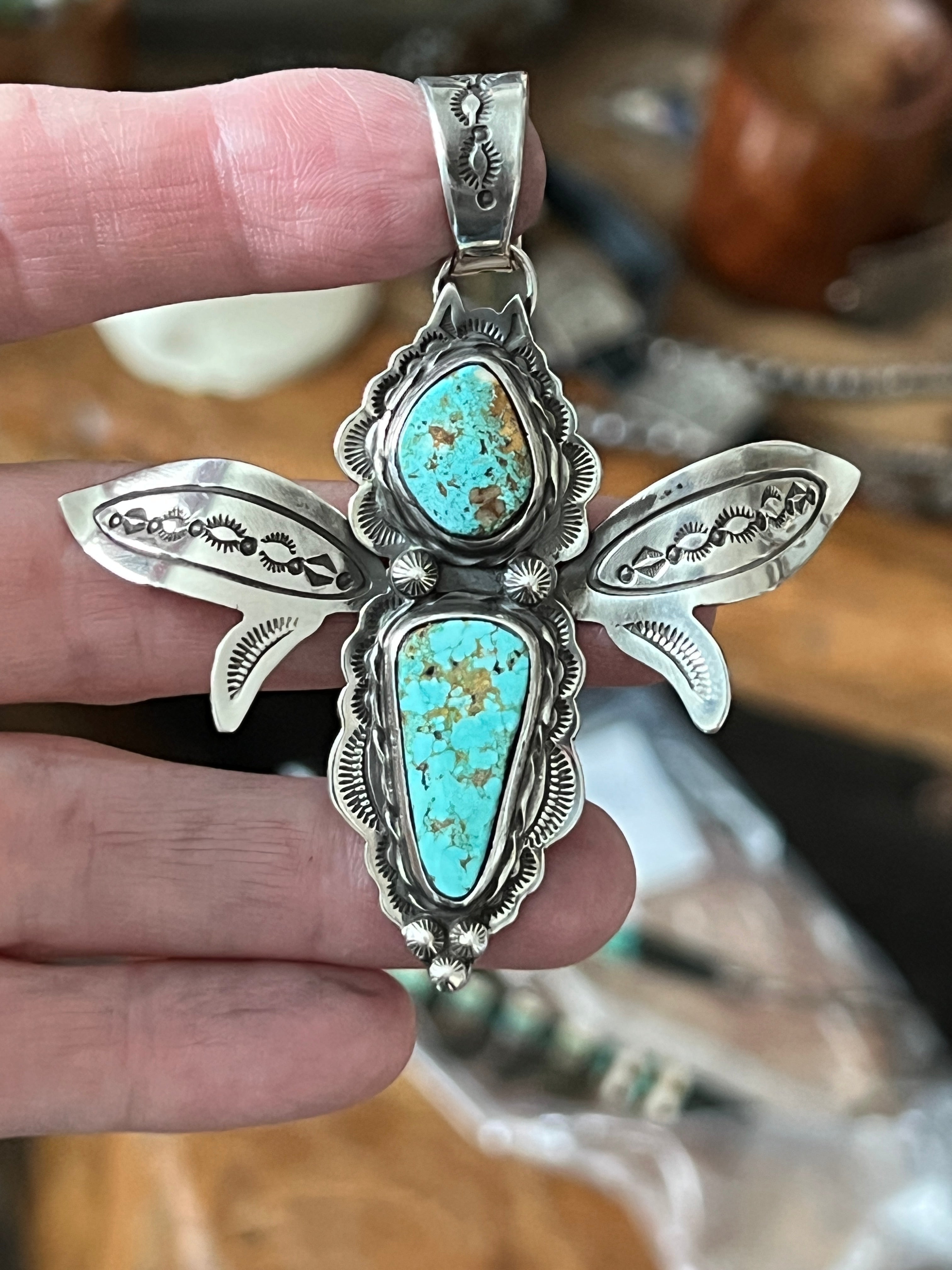 Sterling Silver and Turquoise Winged Bug Pendant by Kimari Somers
