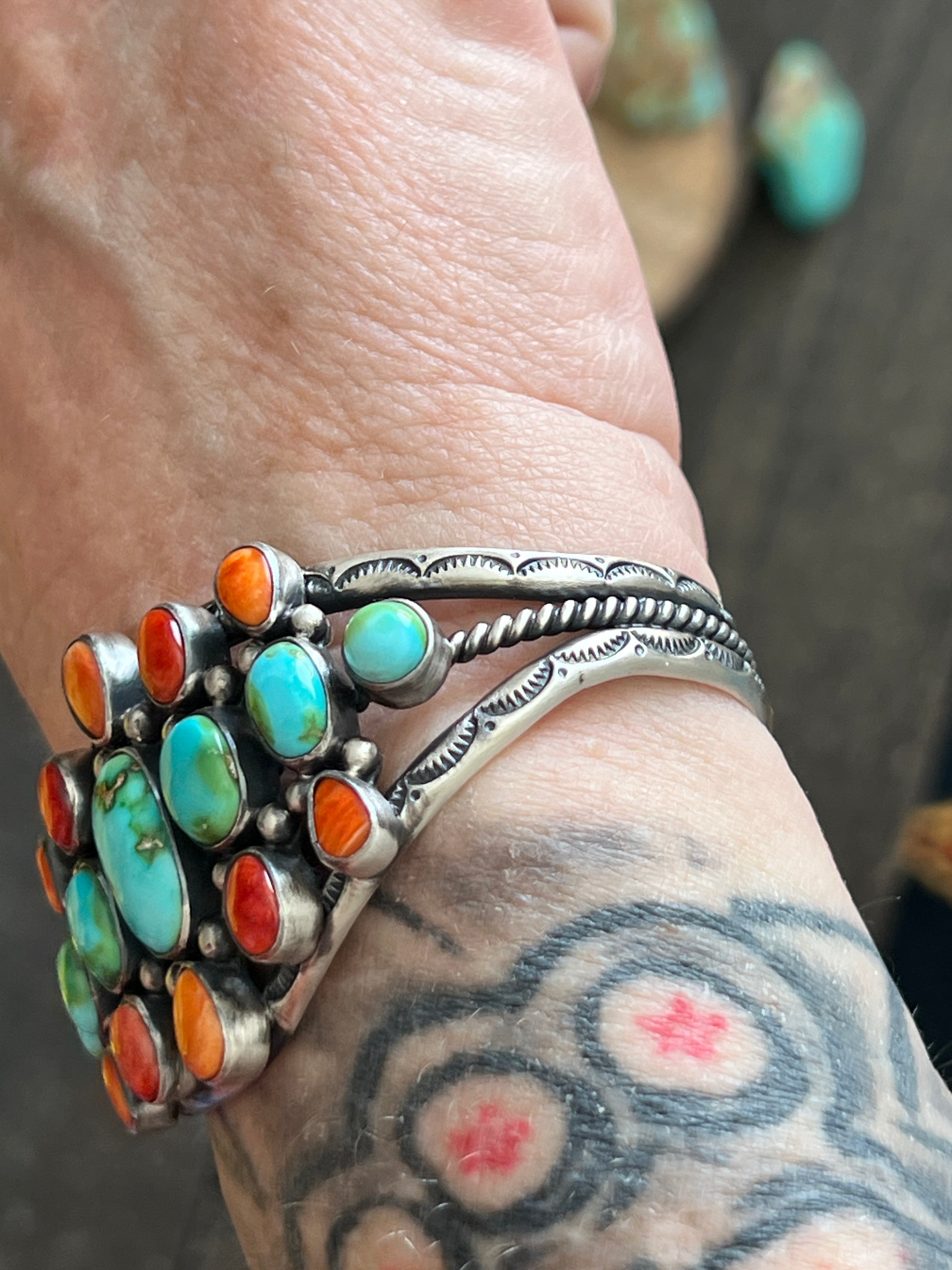 Hand Stamped Sterling Silver, Sonoran Turquoise and Spiny Oyster Shell Cluster Cuff Bracelet by Diane Wylie /