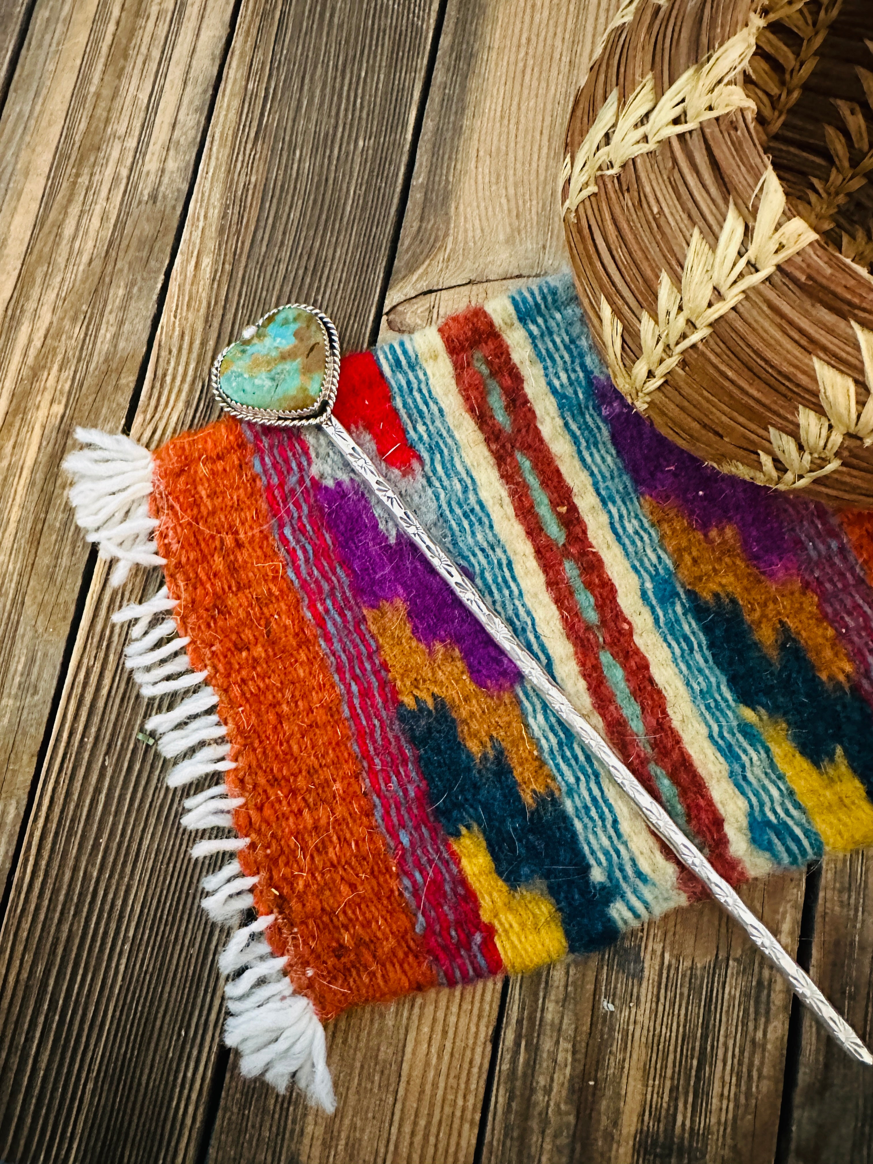 Handcrafted Turquoise & Sterling Silver Heart Hair Pin