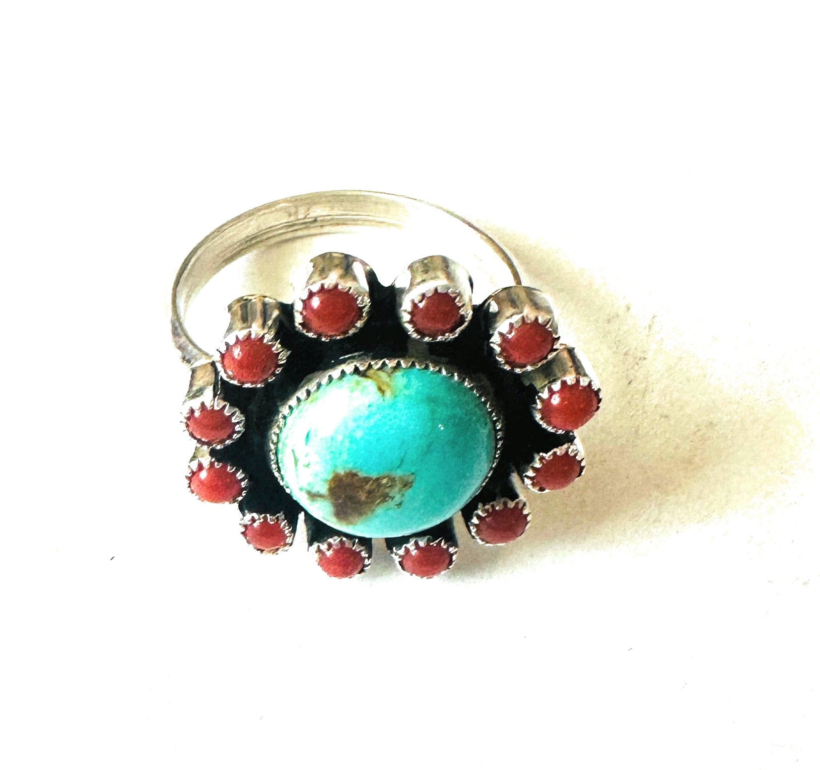 Navajo Sterling Silver, Turquoise & Coral Cluster Adjustable Ring