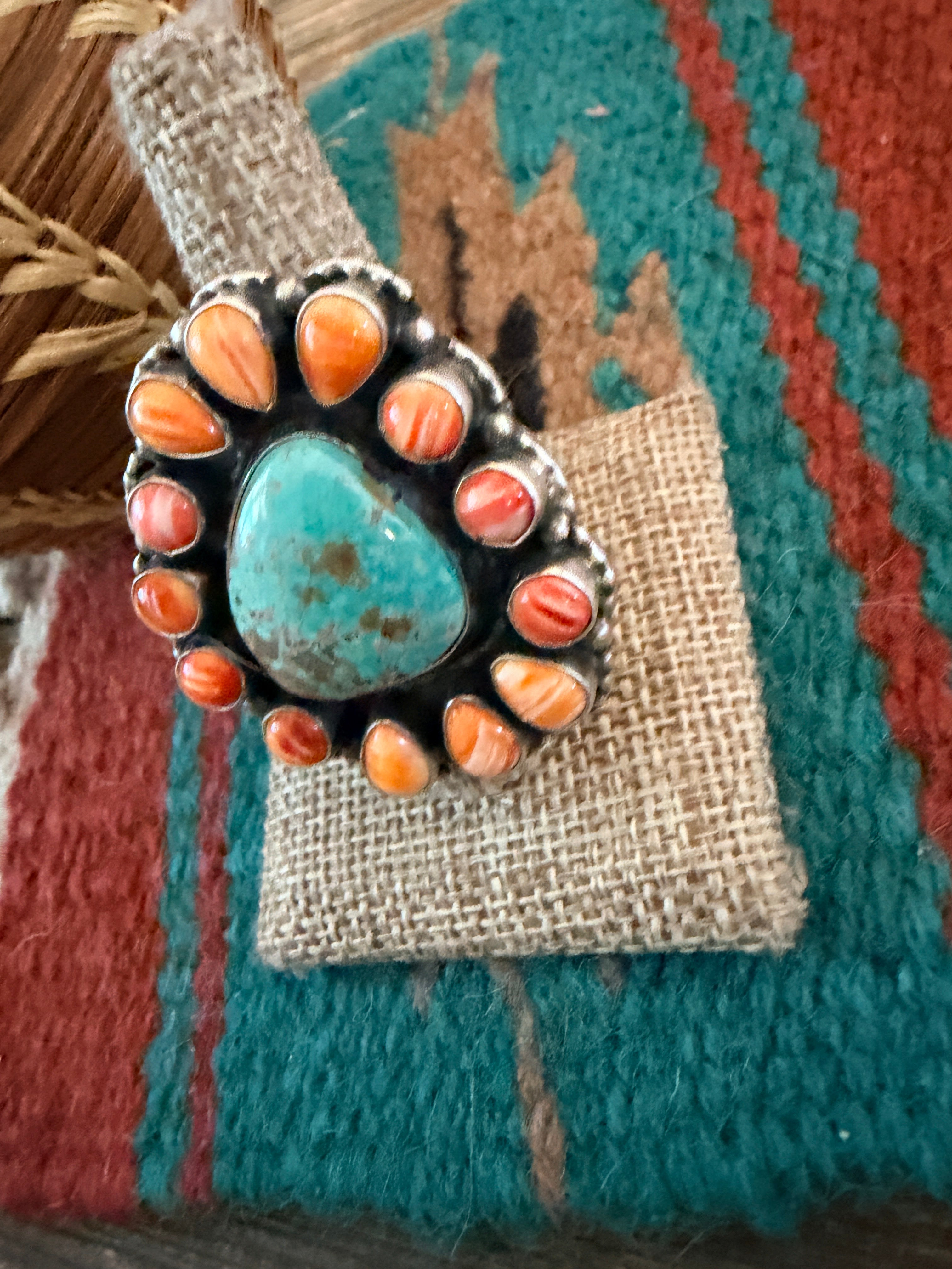 Handcrafted Spiny Oyster, Turquoise & Sterling Silver Cluster Ring by Sheila Becenti Size 10