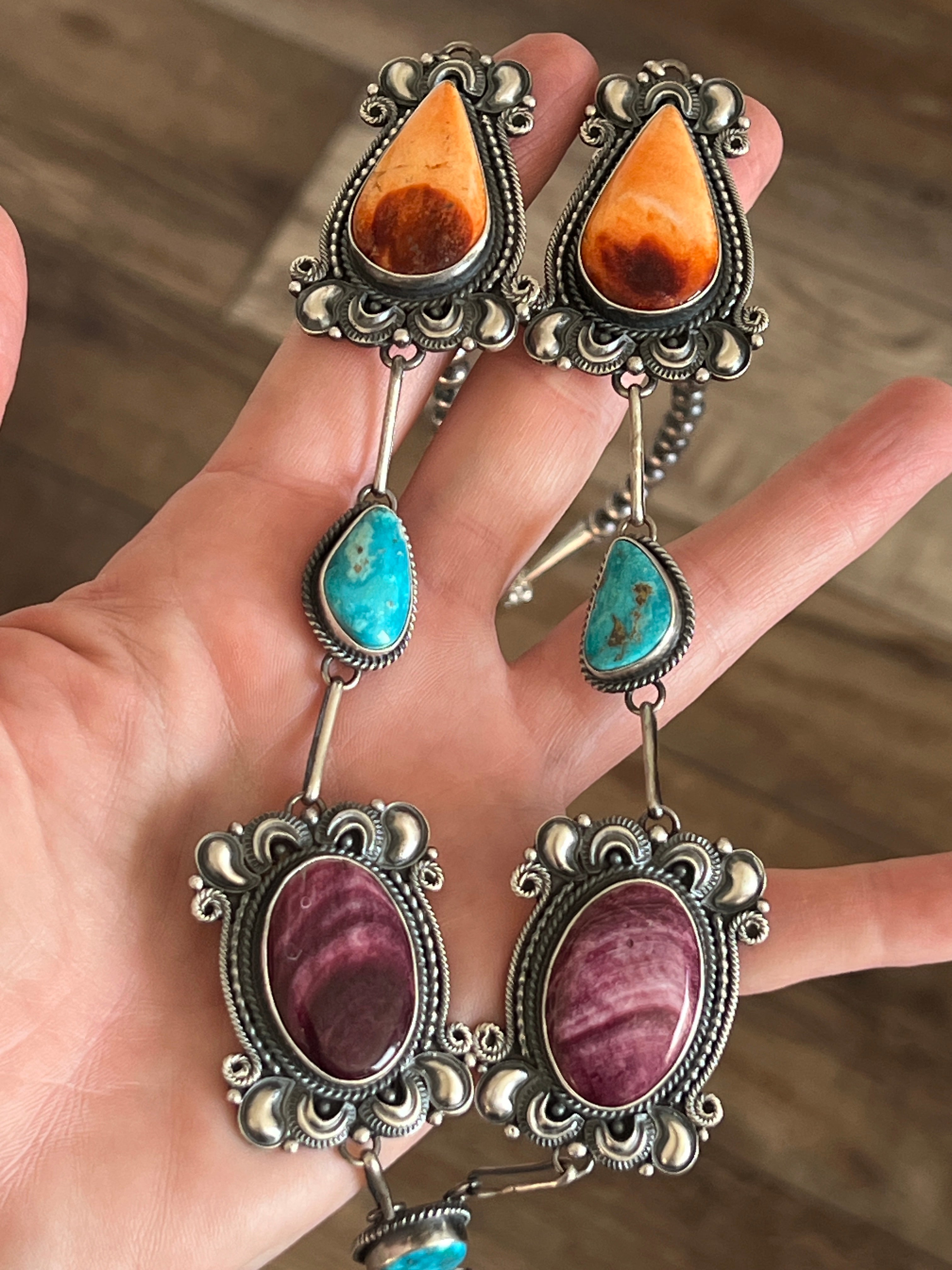 Handcrafted Sterling Silver, Spiny Oyster and Turquoise Link and Bead Necklace and Earrings Set by Derrick Gordon