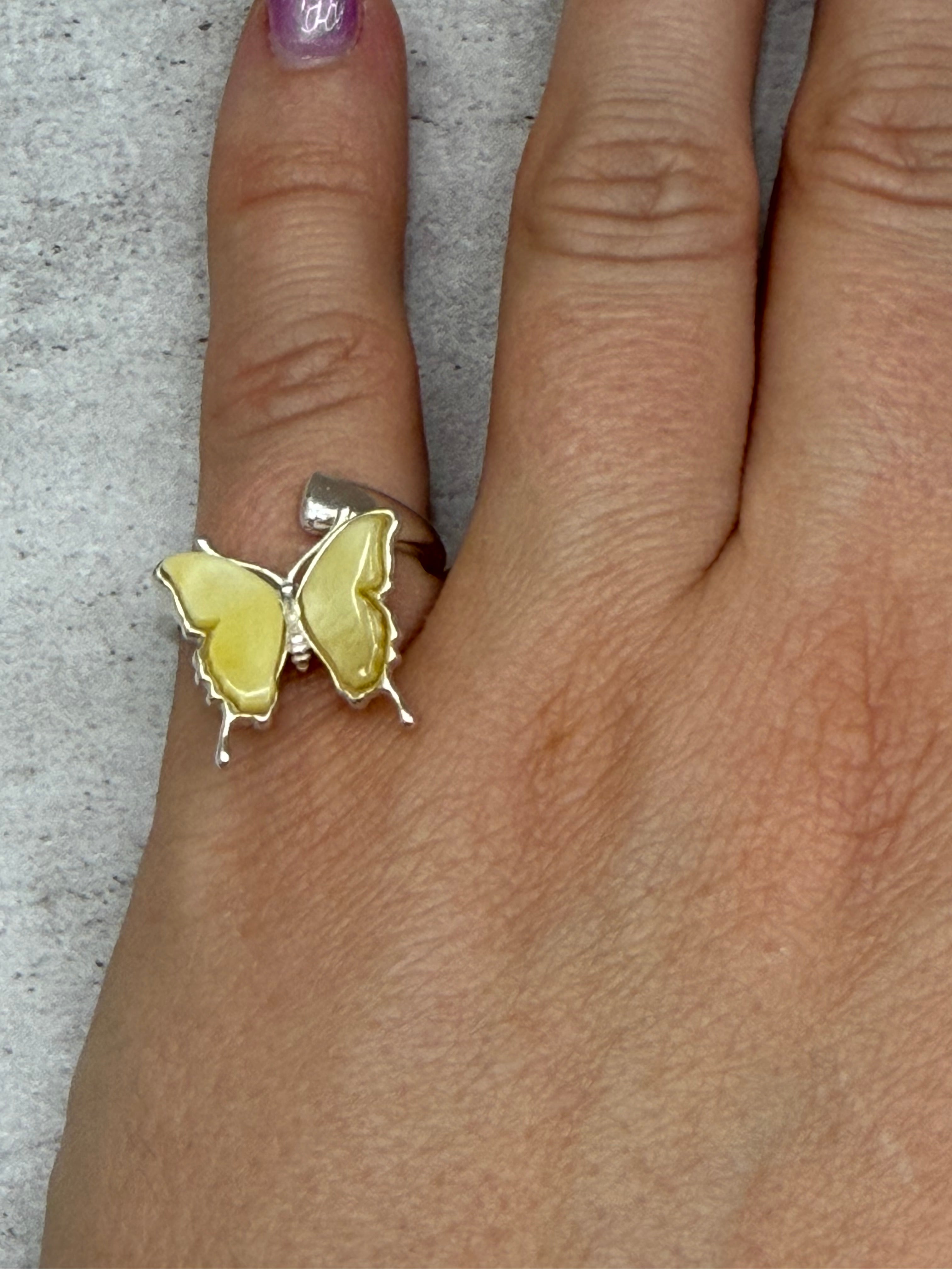 Yellow Amber Handmade Sterling Silver Butterfly Adjustable Ring
