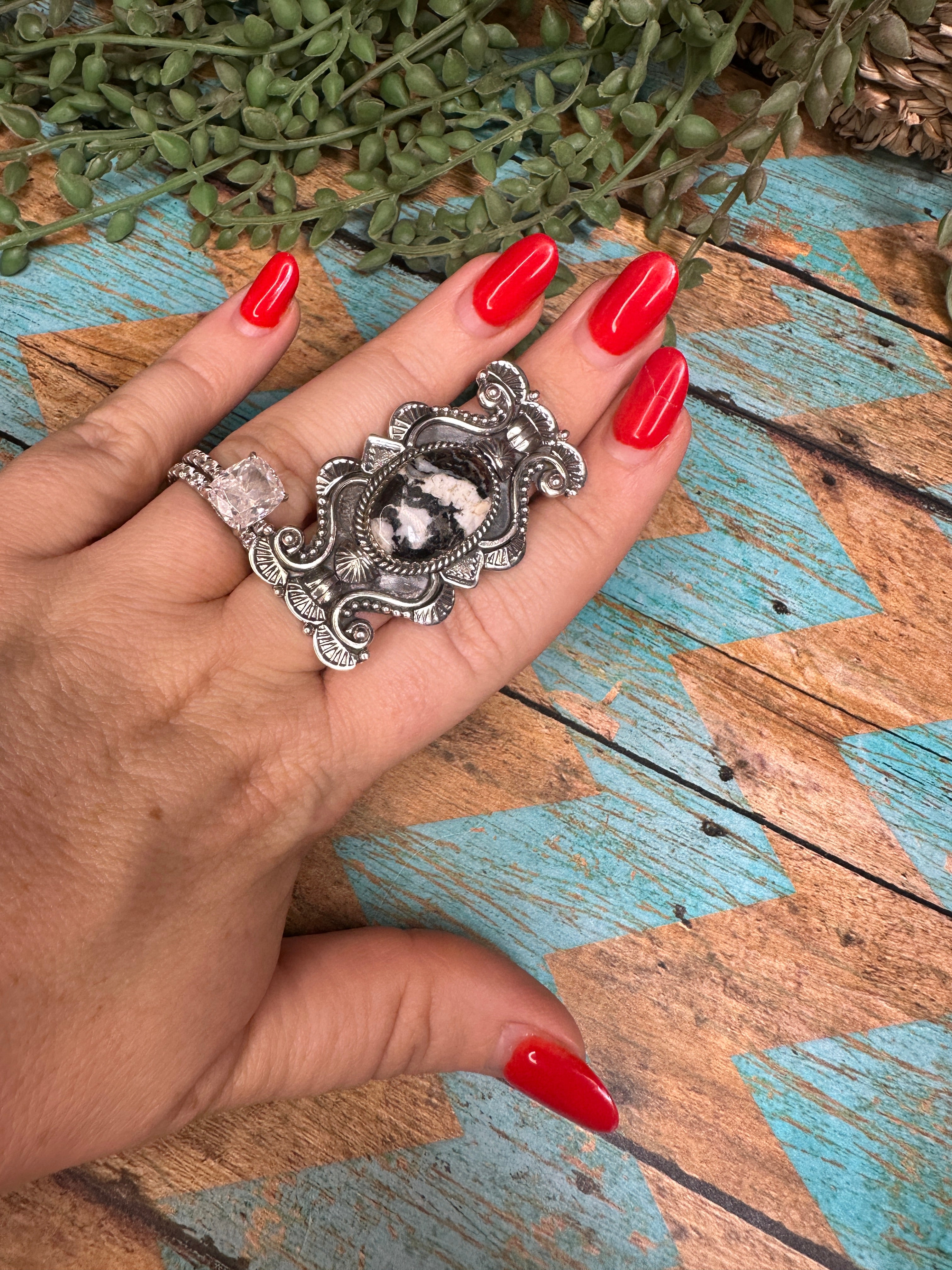 Handmade Sterling Silver & White Buffalo Adjustable Ring Signed Nizhoni