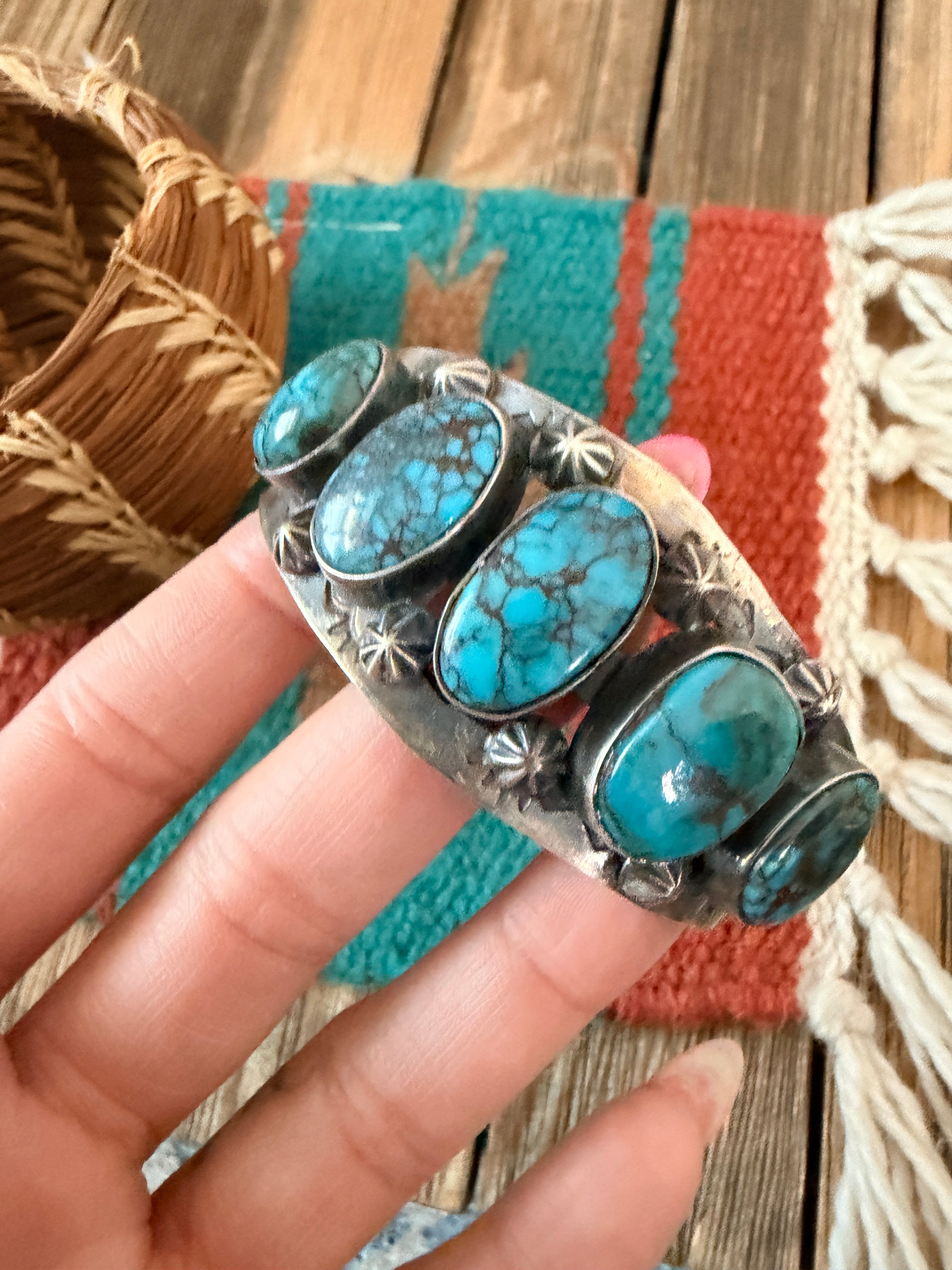 Handcrafted Old Pawn Sterling Silver & Blue Diamond Turquoise Cuff Bracelet